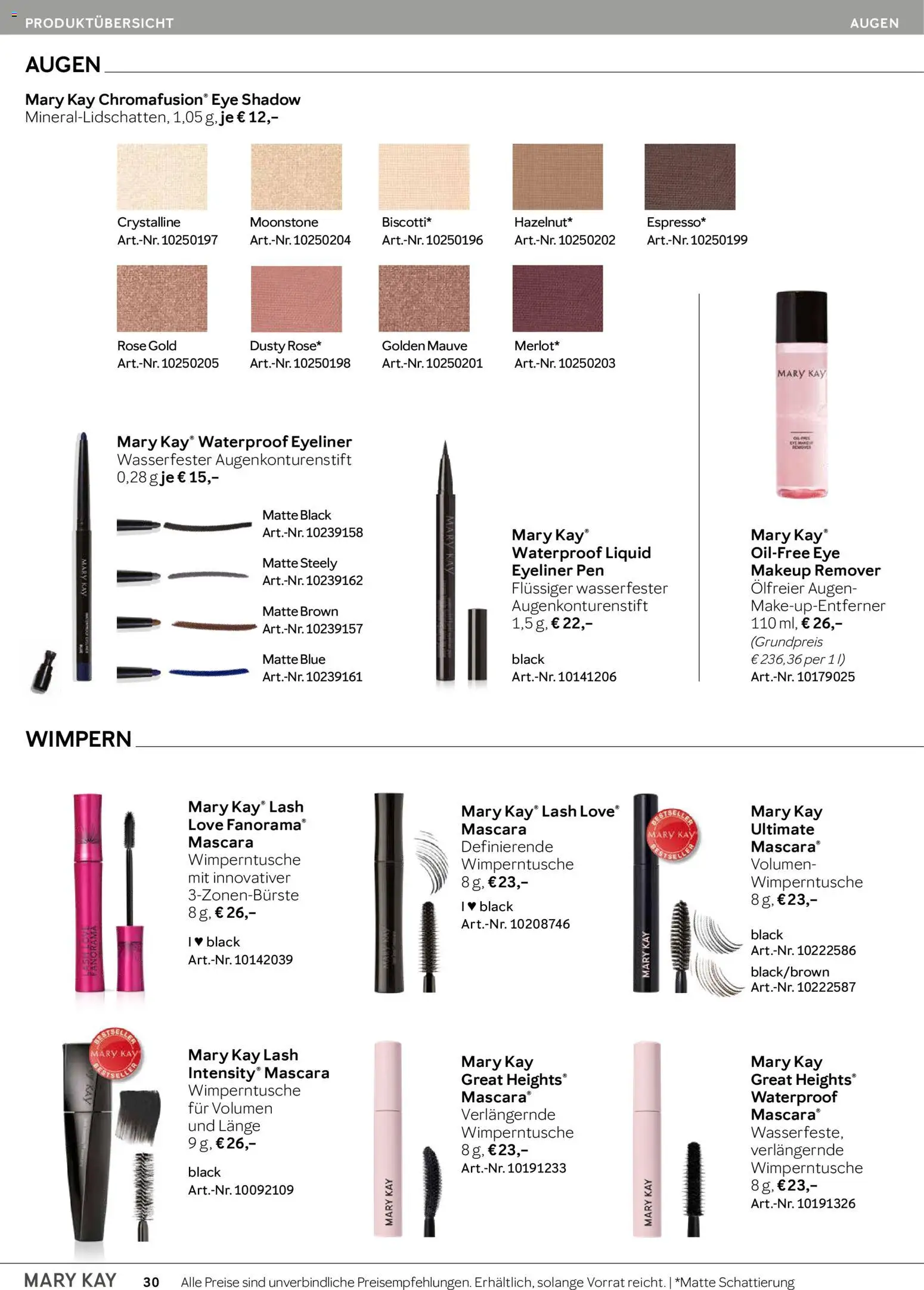 Mary Kay Katalog – gültig ab 15.04.2026 | Seite: 30 | Produkte: Wimperntusche, Eyeliner, Mascara