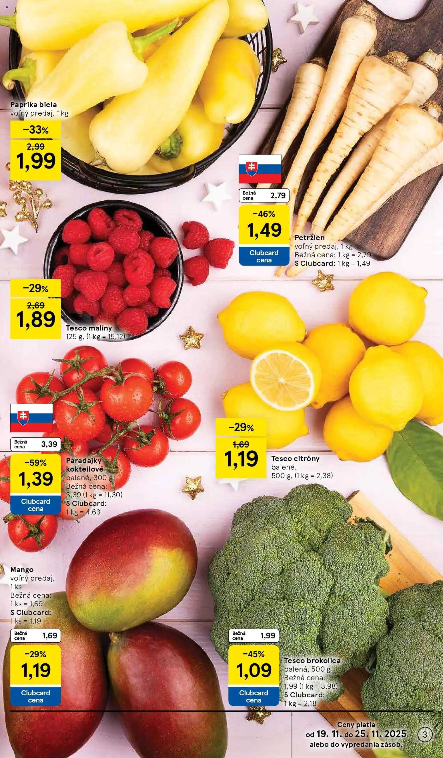 Nové Tesco akcie – leták je platný od 19.11.2025 | Strana: 3 | Produkty: Paprika, Paradajky, Petržlen, Maliny