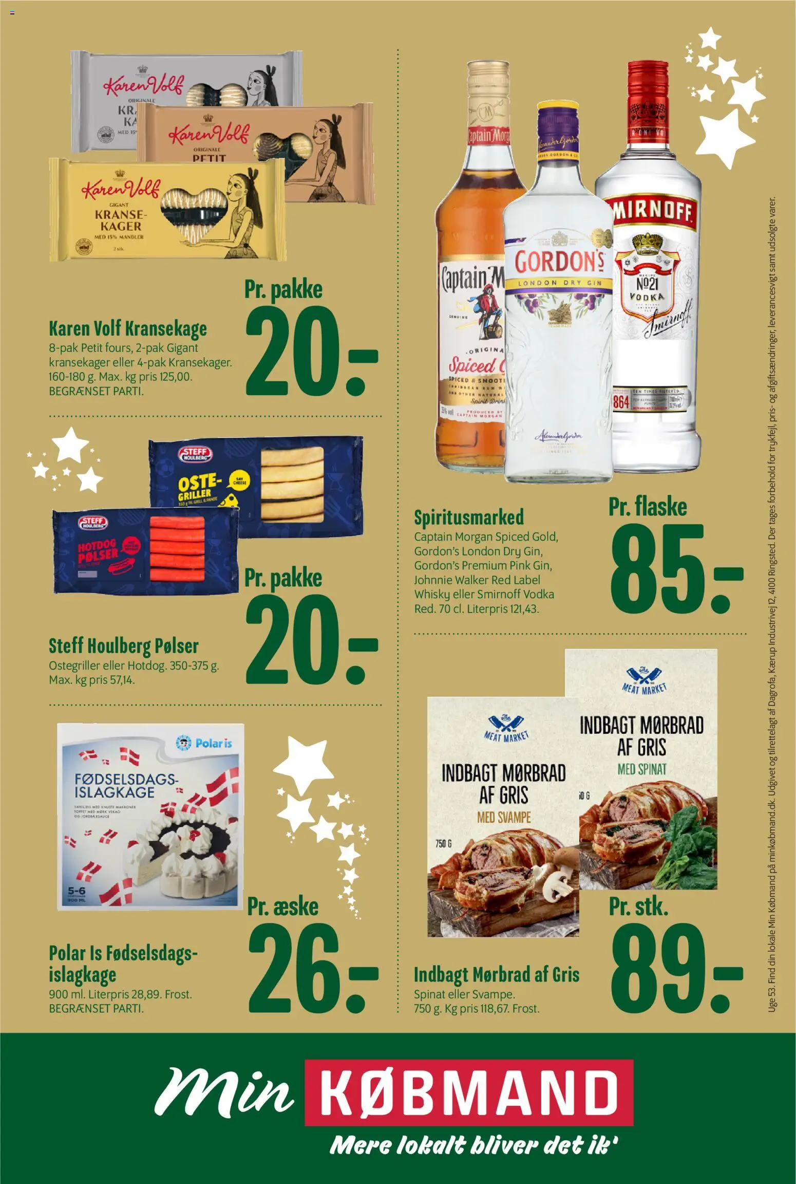 Min Købmand tilbudsavis – gyldig fra 27.12.2025 | Side: 21 | Produkter: Pølser, Vodka, Mandler, Spinat