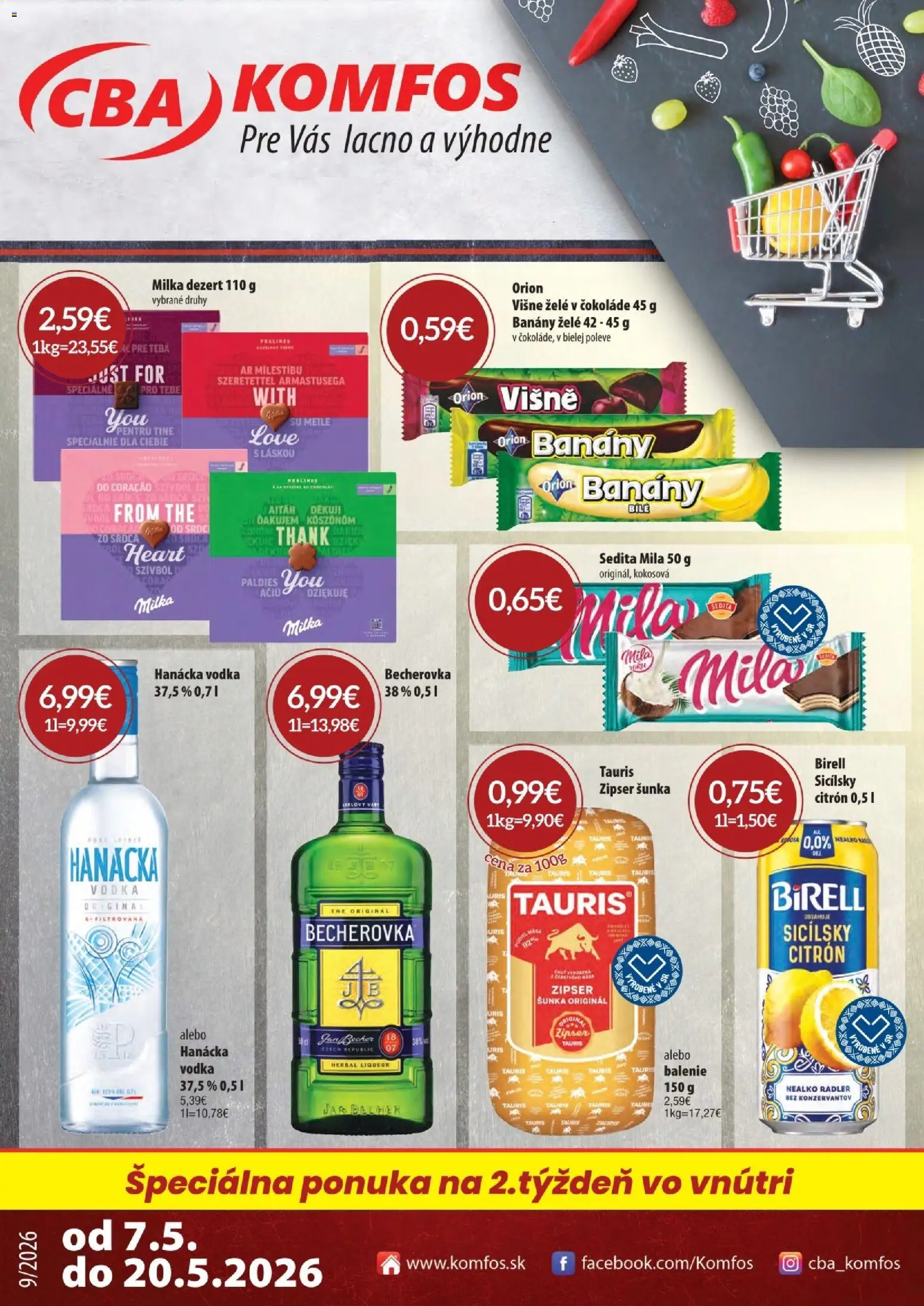 Nové CBA Komfos akcie – leták je platný od 07.05.2026 | Strana: 1 | Produkty: Šunka, Banány, Vodka, Mila