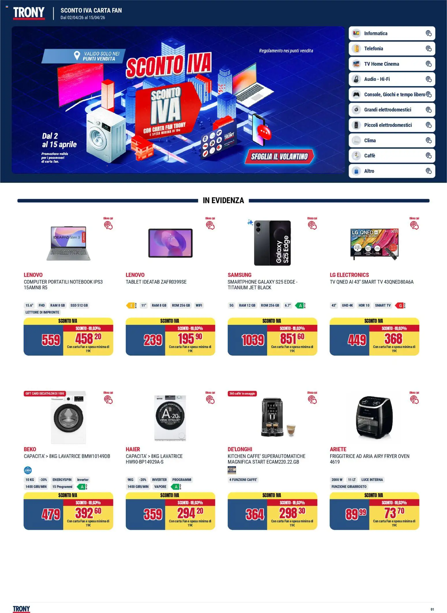 Volantino Trony del 02.04.2026 | Pagina: 1 | Prodotti: Notebook, Friggitrice ad aria, Caffè, Tablet