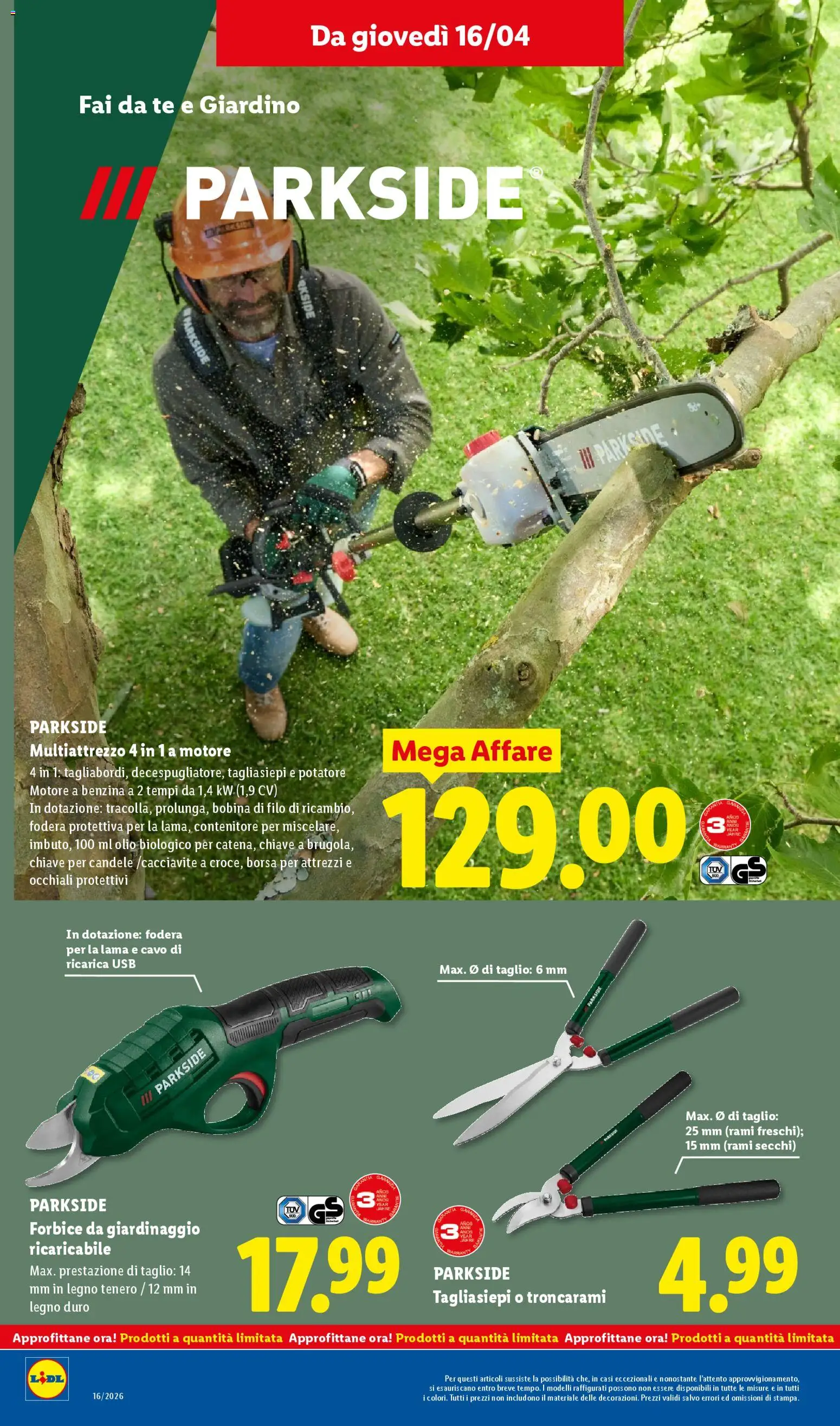 Volantino Lidl del 16.04.2026 | Pagina: 20 | Prodotti: Tè, Tagliasiepi, Forbice, USB