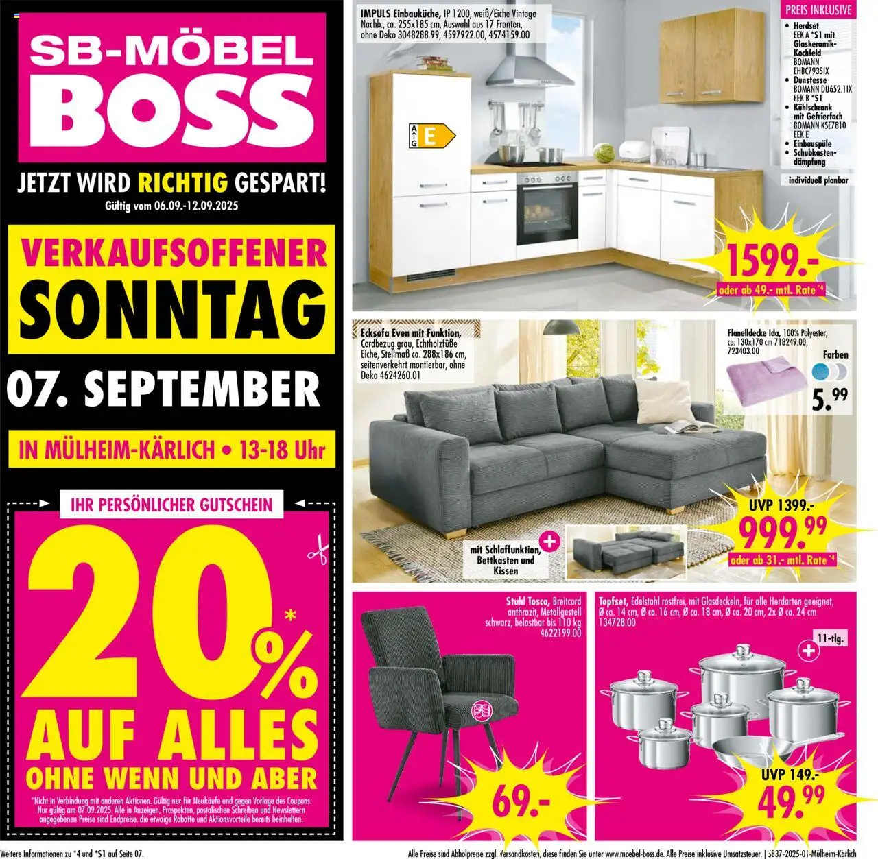 SB Möbel Boss Prospekt Mülheim-Kärlich	 – gültig ab 06.09.2025 | Seite: 1 | Produkte: Kissen, Stuhl, Kochfeld, Uhr