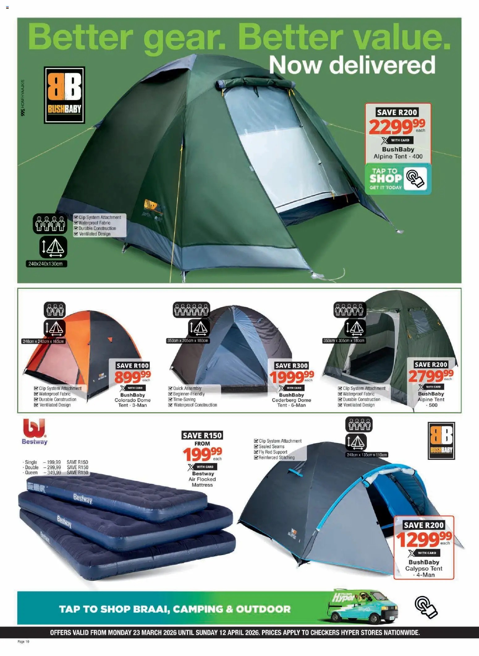 New Checkers catalogue – valid from 23.03.2026 | Page: 10 | Products: Mattress, Tent, Tap