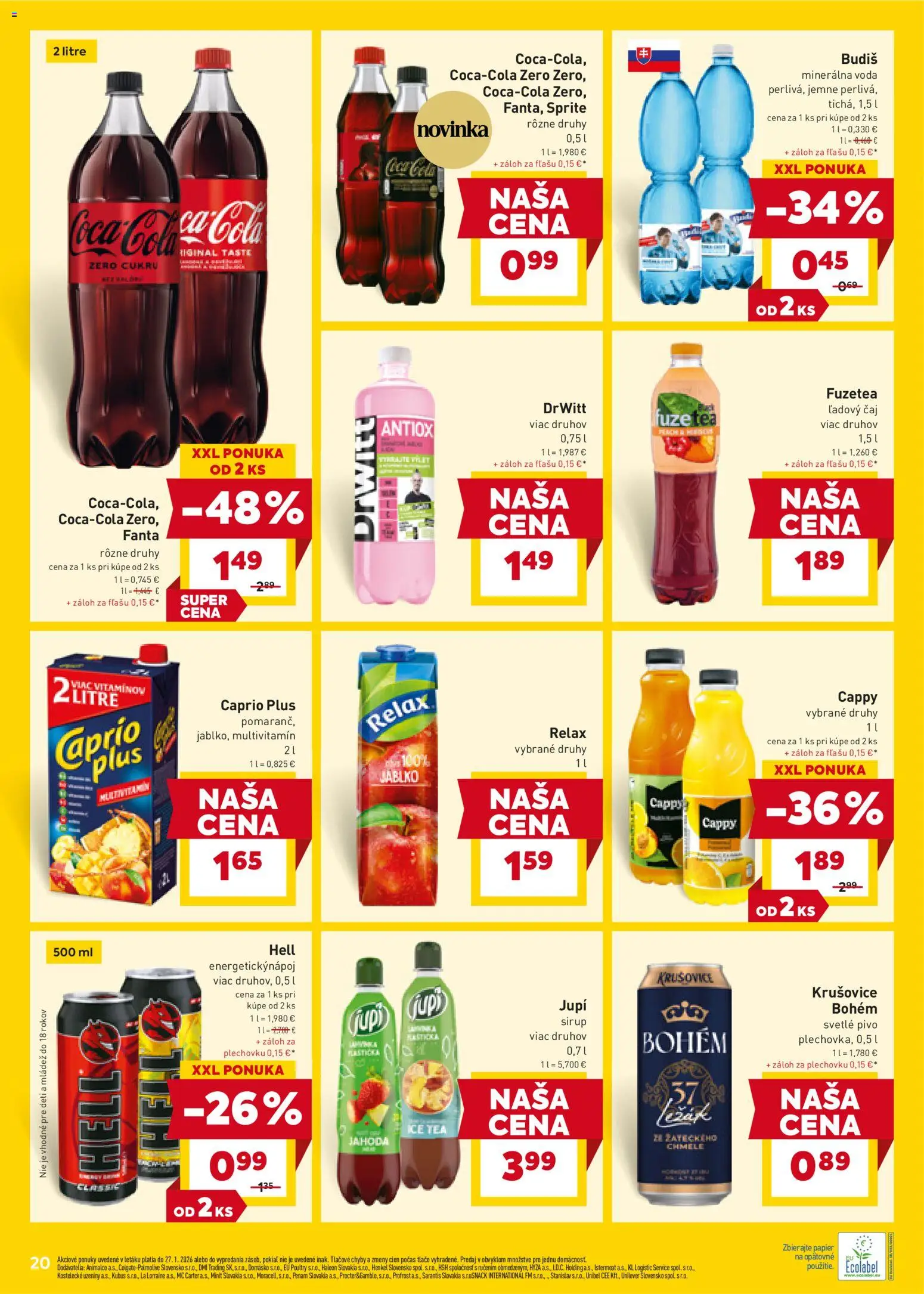 Nové Billa akcie – leták je platný od 21.01.2026 | Strana: 20 | Produkty: Budiš, Sprite, Minerálna voda, Cola