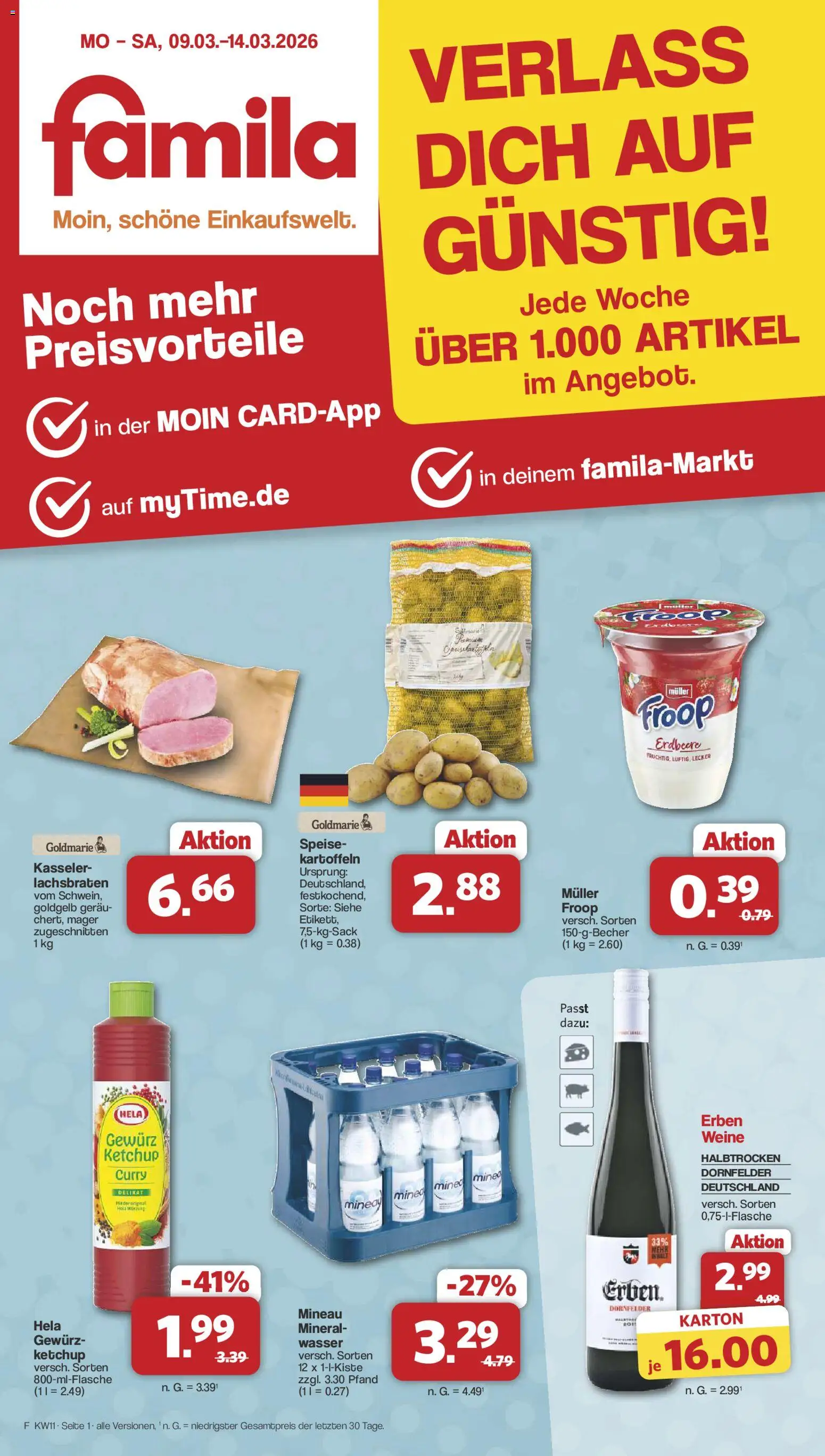 Famila Nordwest Sonderangebote – gültig ab 09.03.2026 | Seite: 1 | Produkte: Froop, Kartoffeln, Wasser, Ketchup