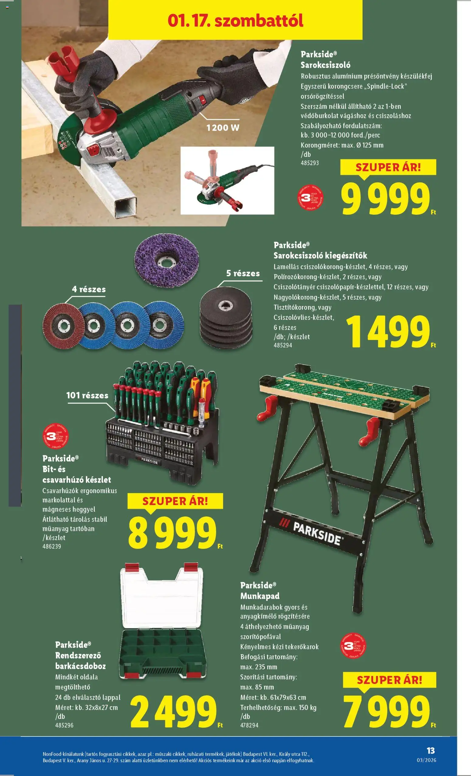Lidl akciós ujság - amely érvényes a következő dátumtól: 15.01.2026 | Oldal: 13 | Termékek: Parkside, Munkapad, Sarokcsiszoló, Rendszerező