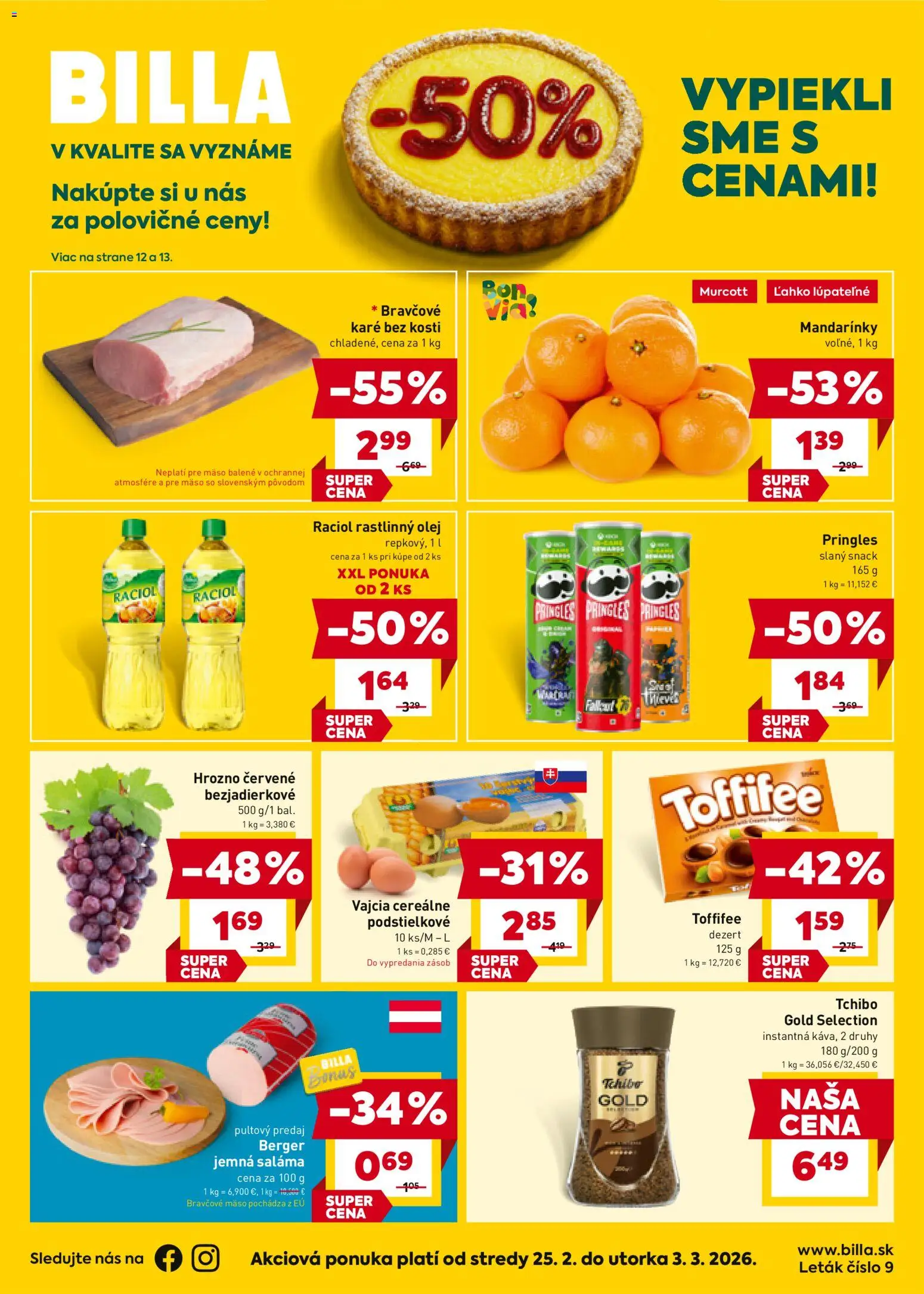 Nové Billa akcie – leták je platný od 25.02.2026 | Strana: 1 | Produkty: Olej, Saláma, Bravčové karé, Hrozno