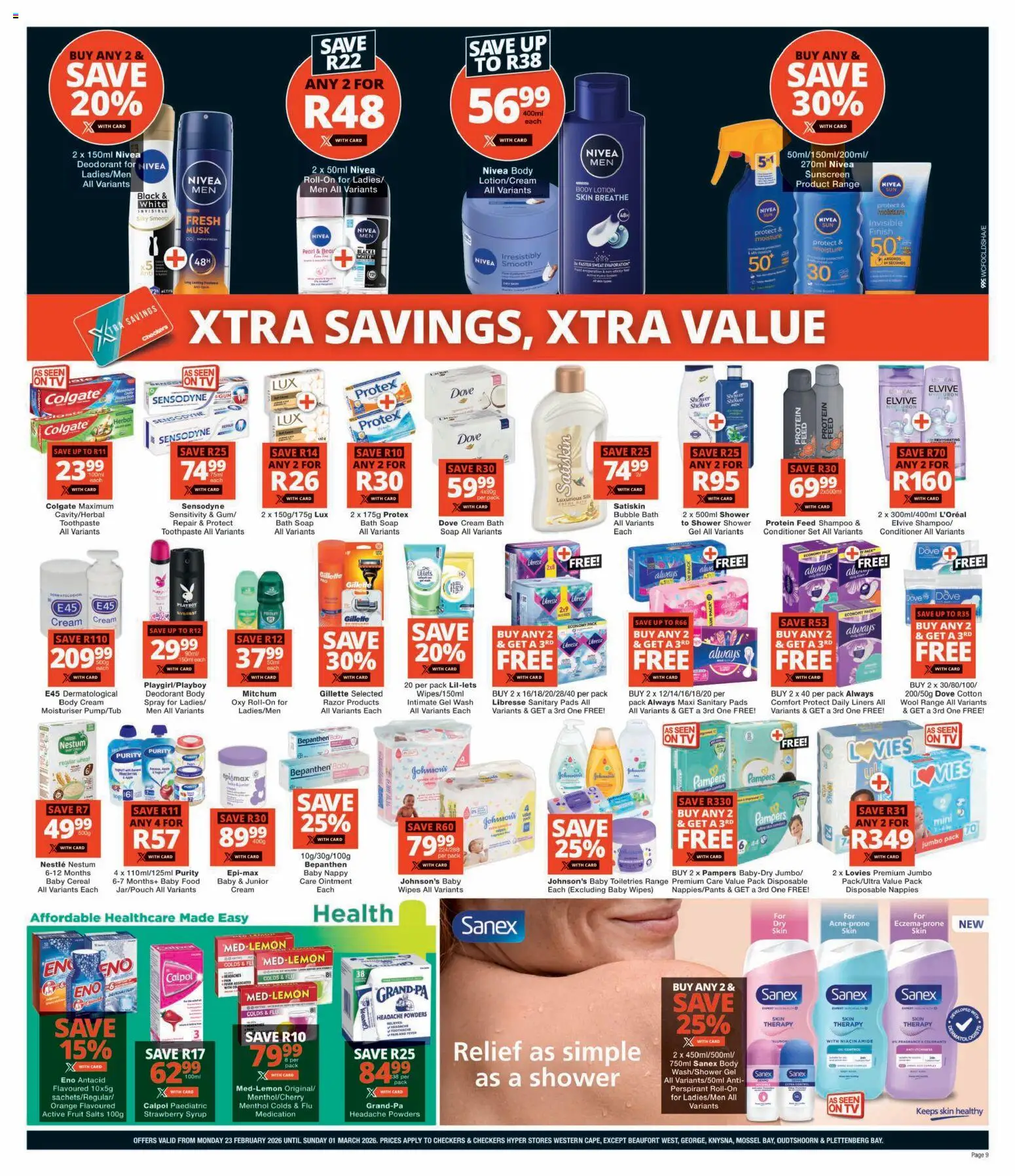 New Checkers catalogue – valid from 23.02.2026 | Page: 9 | Products: Cream, Sunscreen, Syrup, Toothpaste