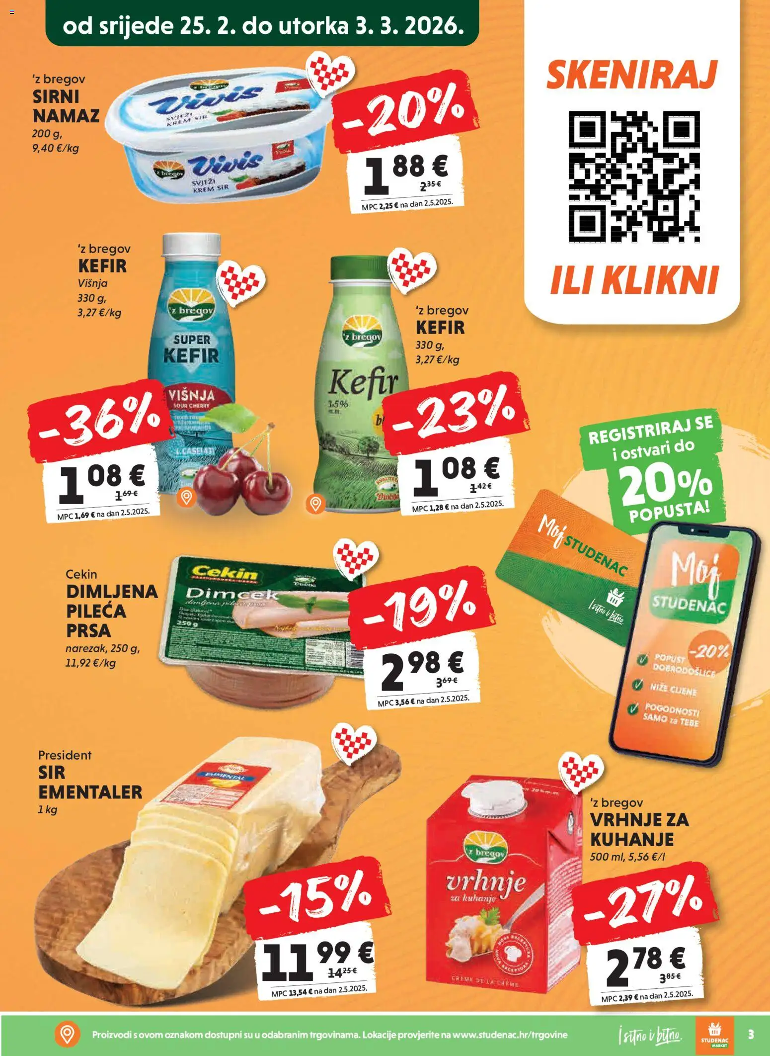 Studenac katalog | vrijedi od 25.02.2026 | Stranica: 3 | Proizvodi: Vrhnje za kuhanje, Sir, Kefir, Namaz