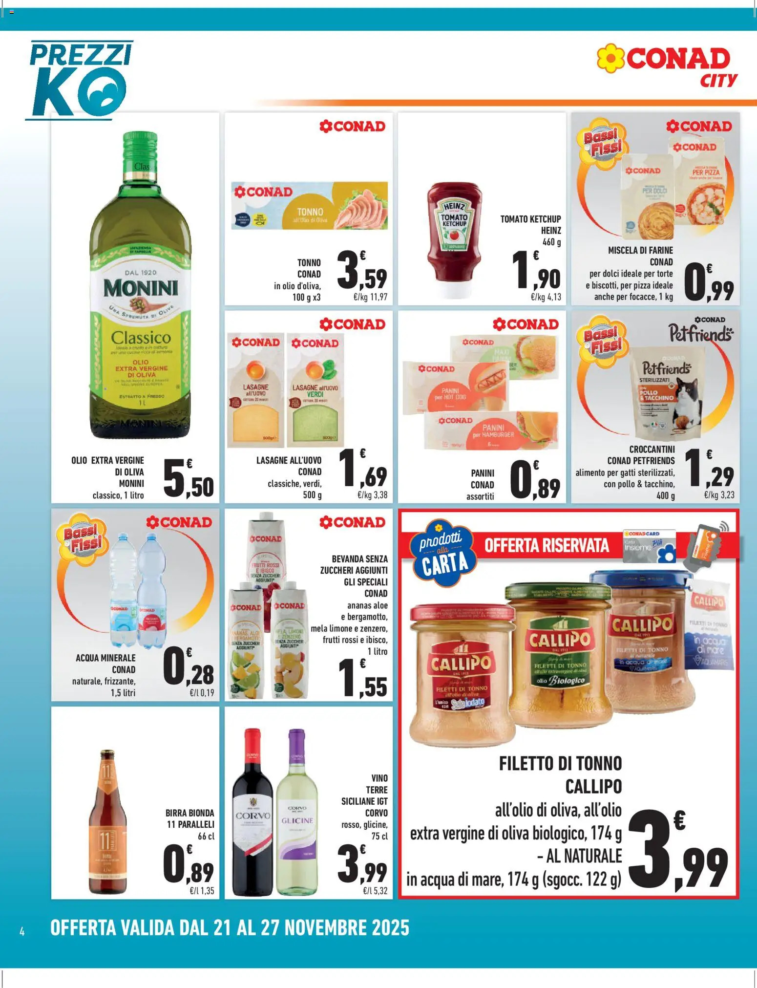 Volantino Conad del 21.11.2025 | Pagina: 4 | Prodotti: Acqua, Olive, Ananas, Hamburger