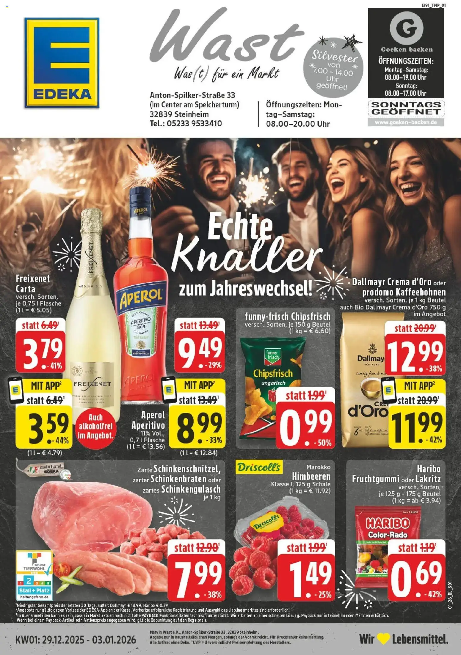 Edeka prospekt Steinheim	 – gültig ab 28.12.2025 | Seite: 1 | Produkte: Himbeeren, Freixenet, Chips, Uhr