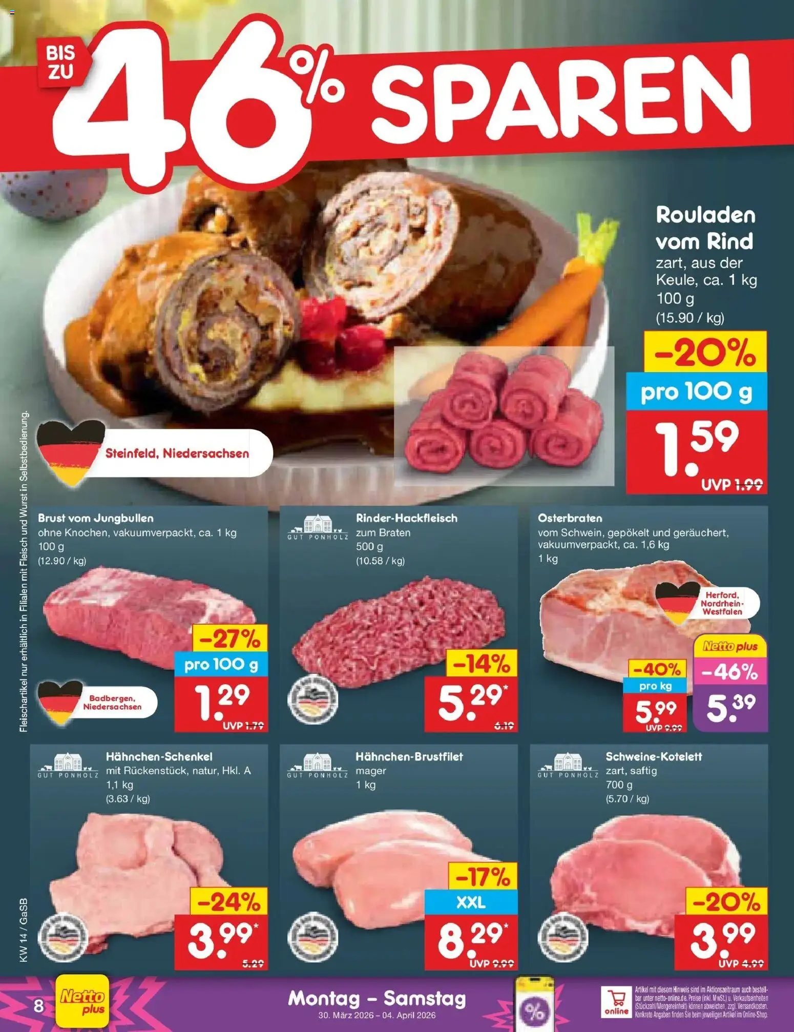 Netto Marken-Discount Prospekt Bremen-Lesum	 – gültig ab 30.03.2026 | Seite: 8 | Produkte: Hahnchenschenkel, Wurst, Fleisch