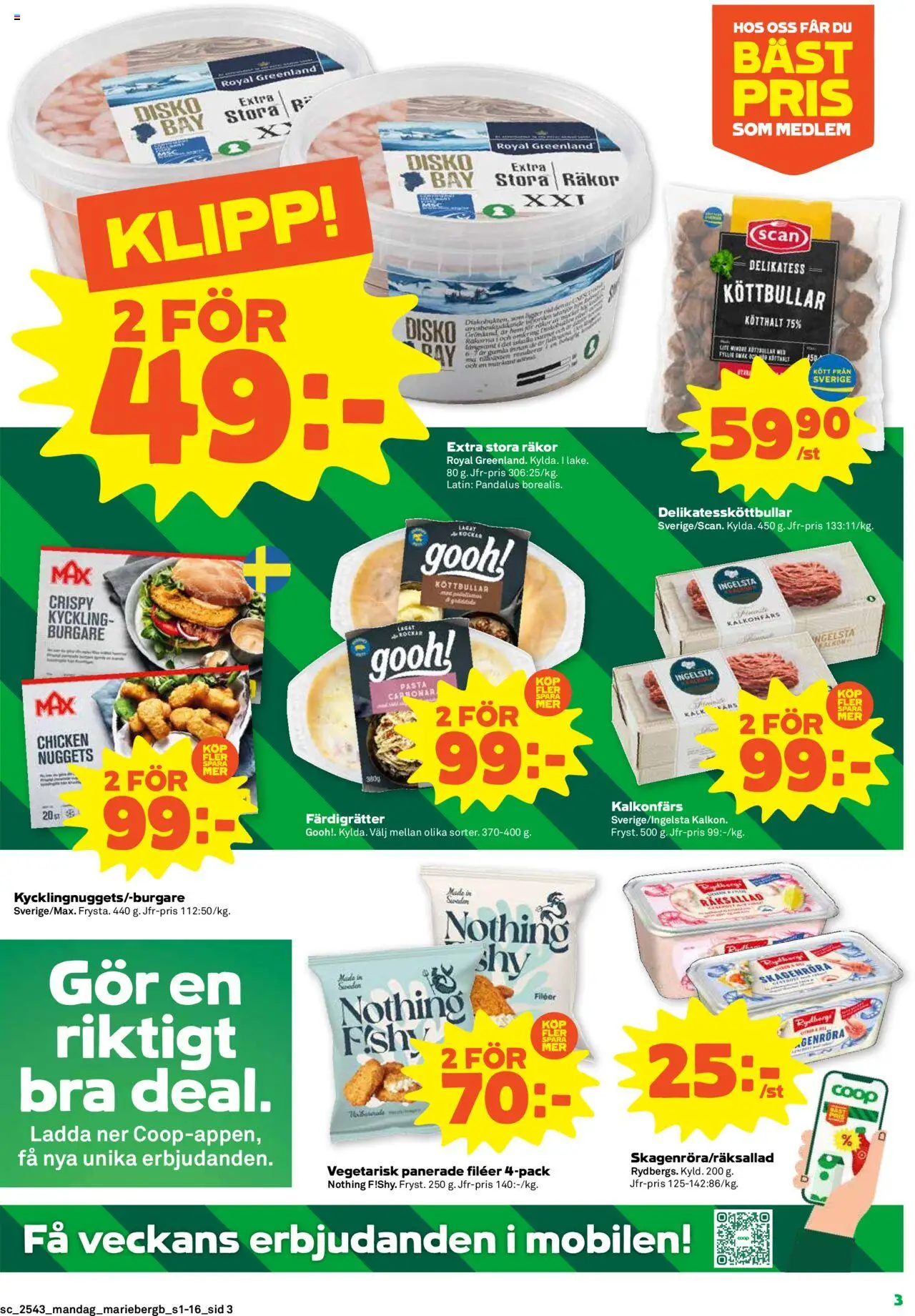 Coop Forum reklamblad aktuell från 20.10.2025 | Sida: 3 | Produkter: Köttbullar, Räkor, Pasta