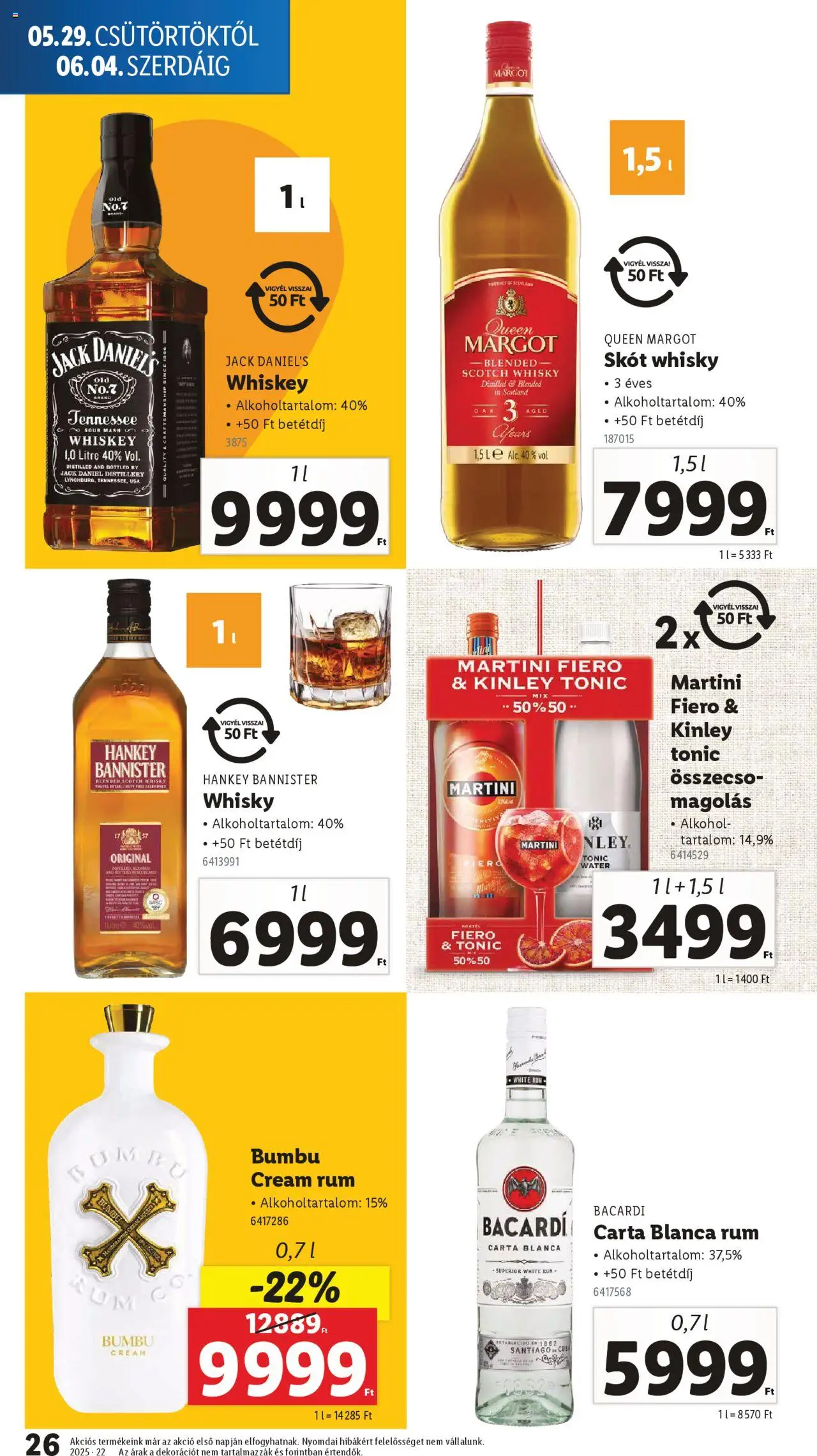 Lidl akciós ujság - amely érvényes a következő dátumtól: 29.05.2025 | Oldal: 26 | Termékek: Tonic, Martini fiero, Whiskey, Bacardi