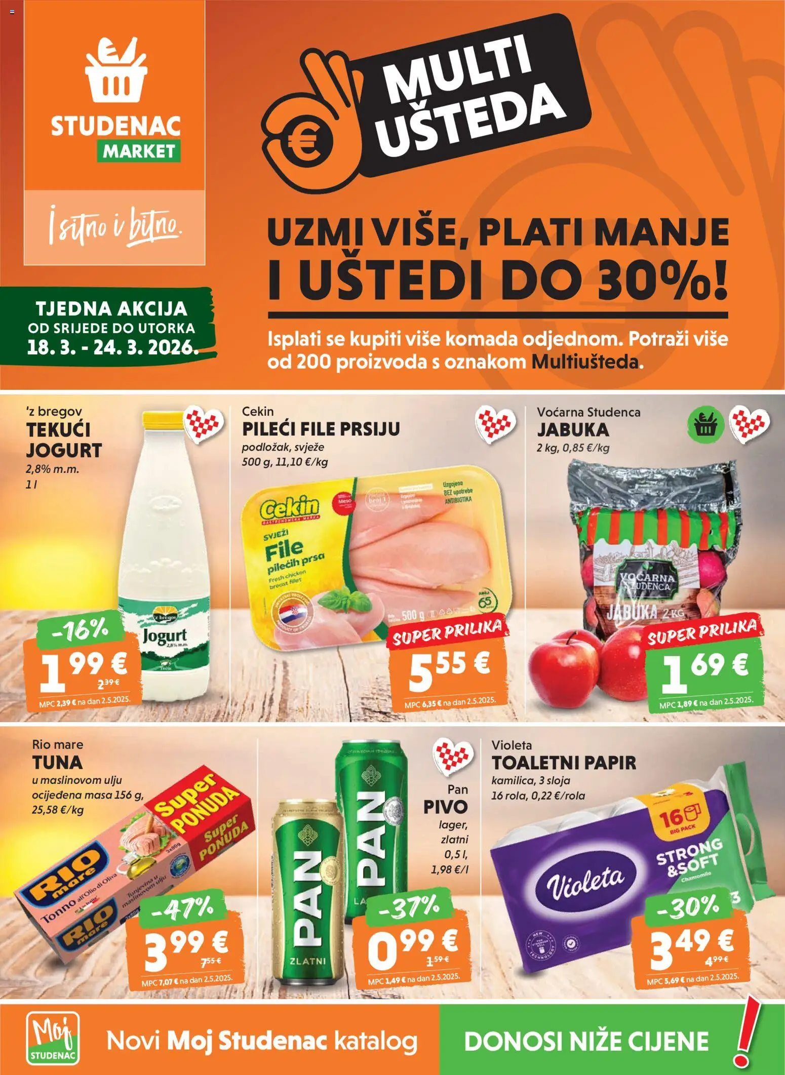 Studenac katalog | vrijedi od 18.03.2026 | Stranica: 1 | Proizvodi: Rio Mare, Pileći file, Pivo, Jabuka