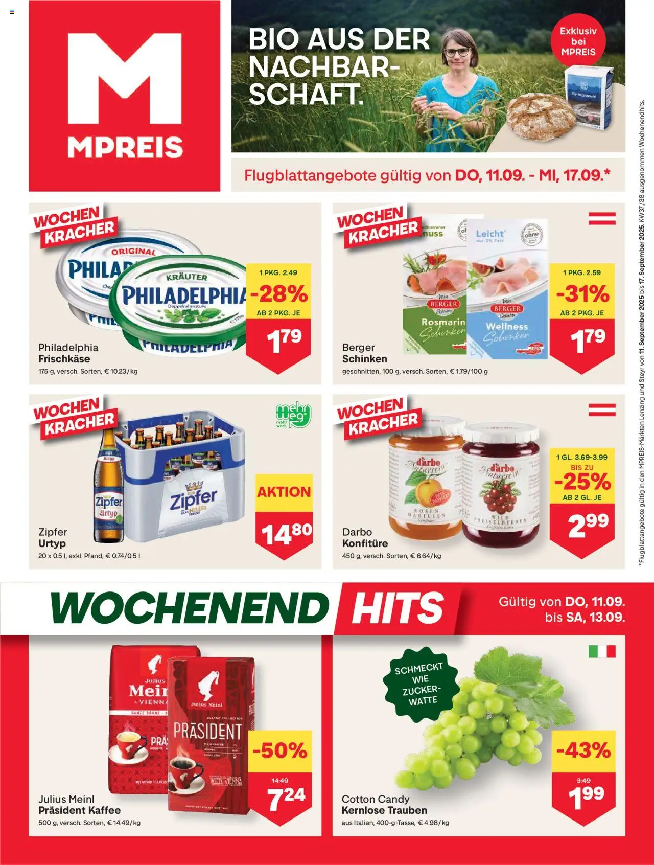 MPREIS Lenzing gültig ab 11.09.2025 | Seite: 1 | Produkte: Zucker, Kaffee, Schinken