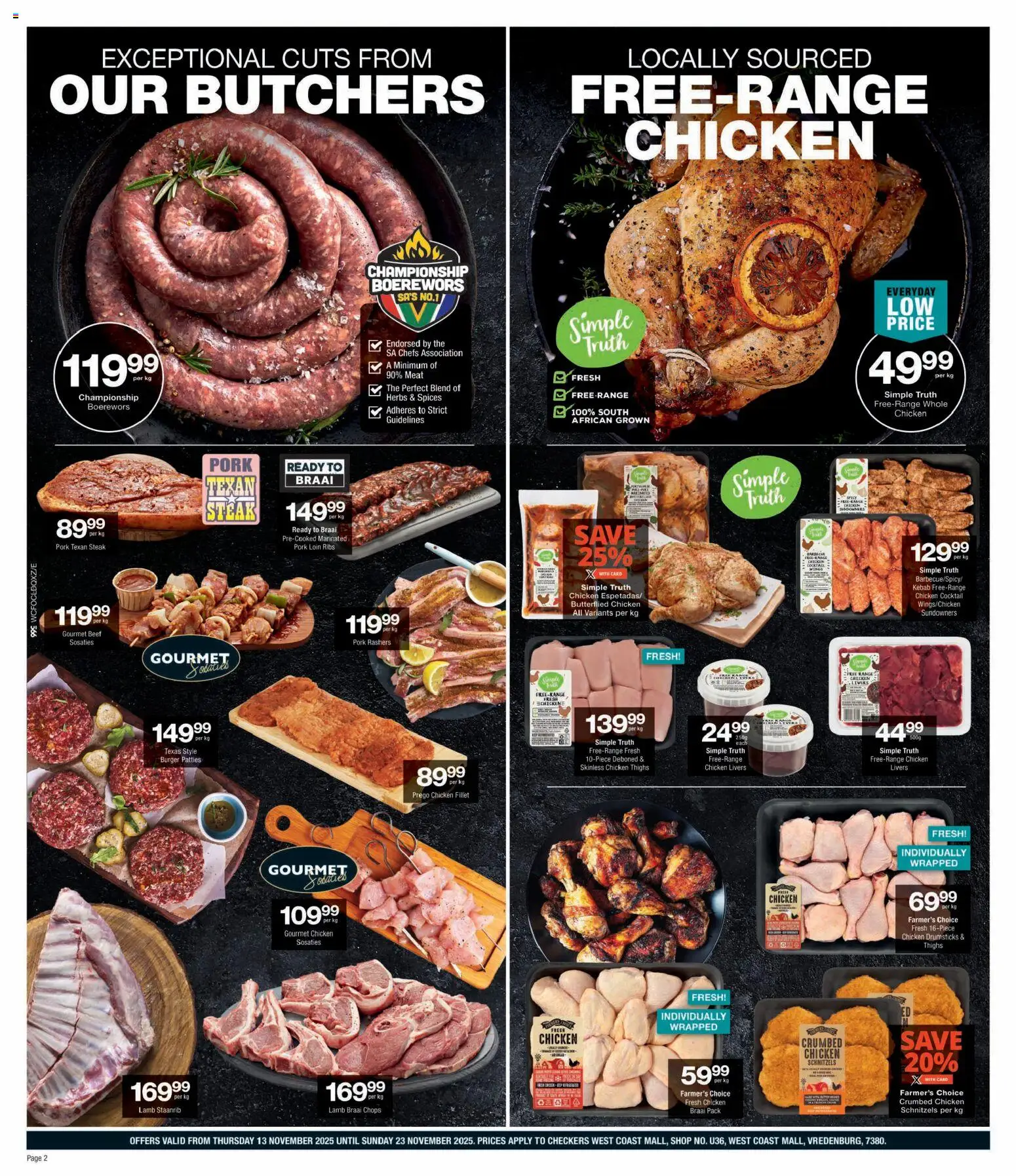 New Checkers catalogue – valid from 13.11.2025 | Page: 2 | Products: Magdalenas, Chicken, Pork, Beef