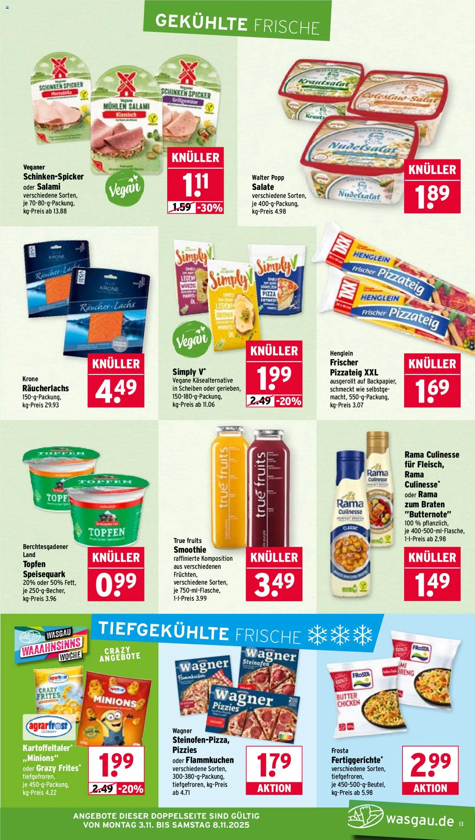 Wasgau Prospekt 	 – gültig ab 03.11.2025 | Seite: 13 | Produkte: Frosta, Räucherlachs, Schinken, Speisequark