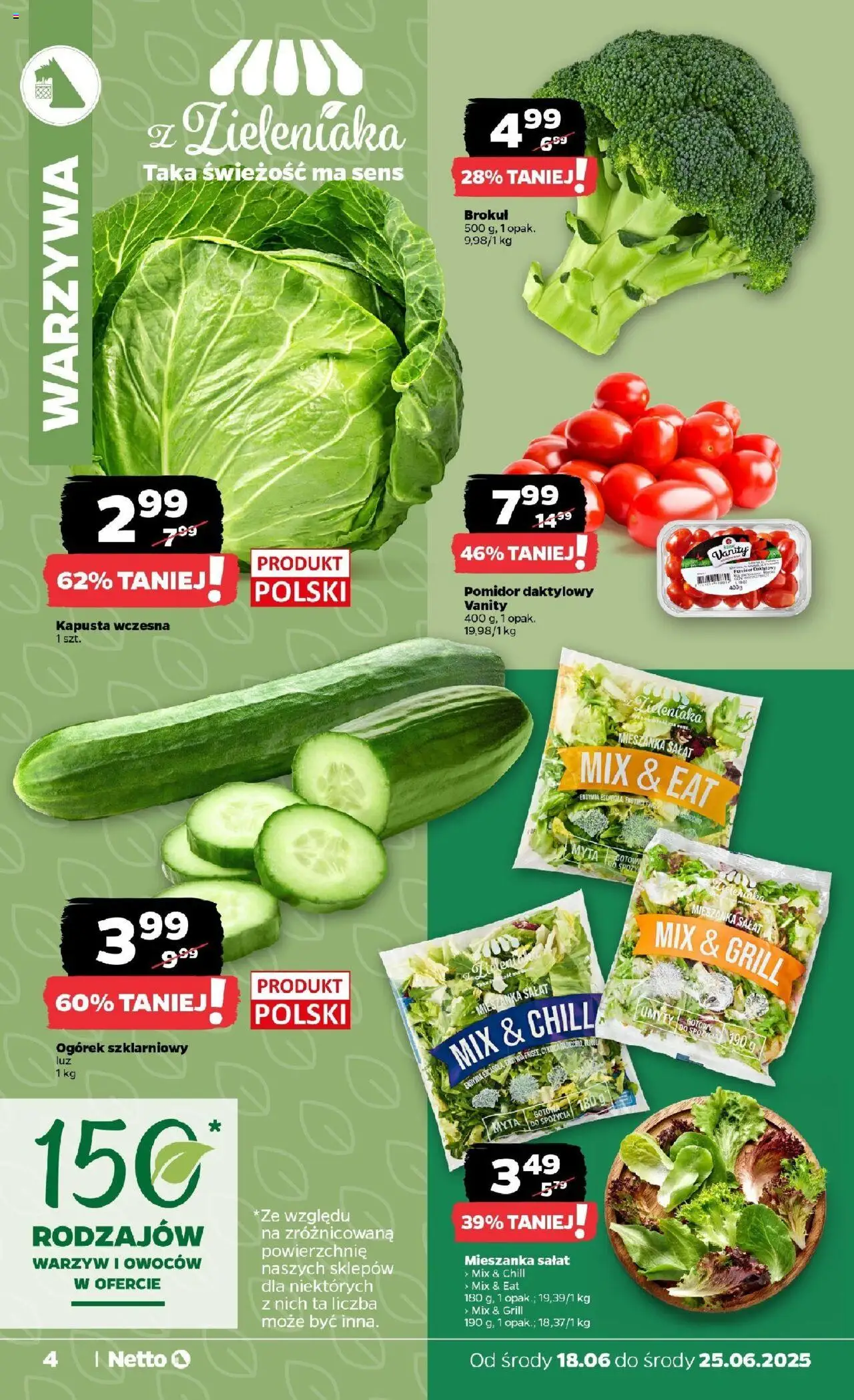 Netto gazetka - Spożywcza od 18.06.2025 | Strona: 4 | Produkty: Kapusta, Brokuł, Ogórek szklarniowy, Warzywa