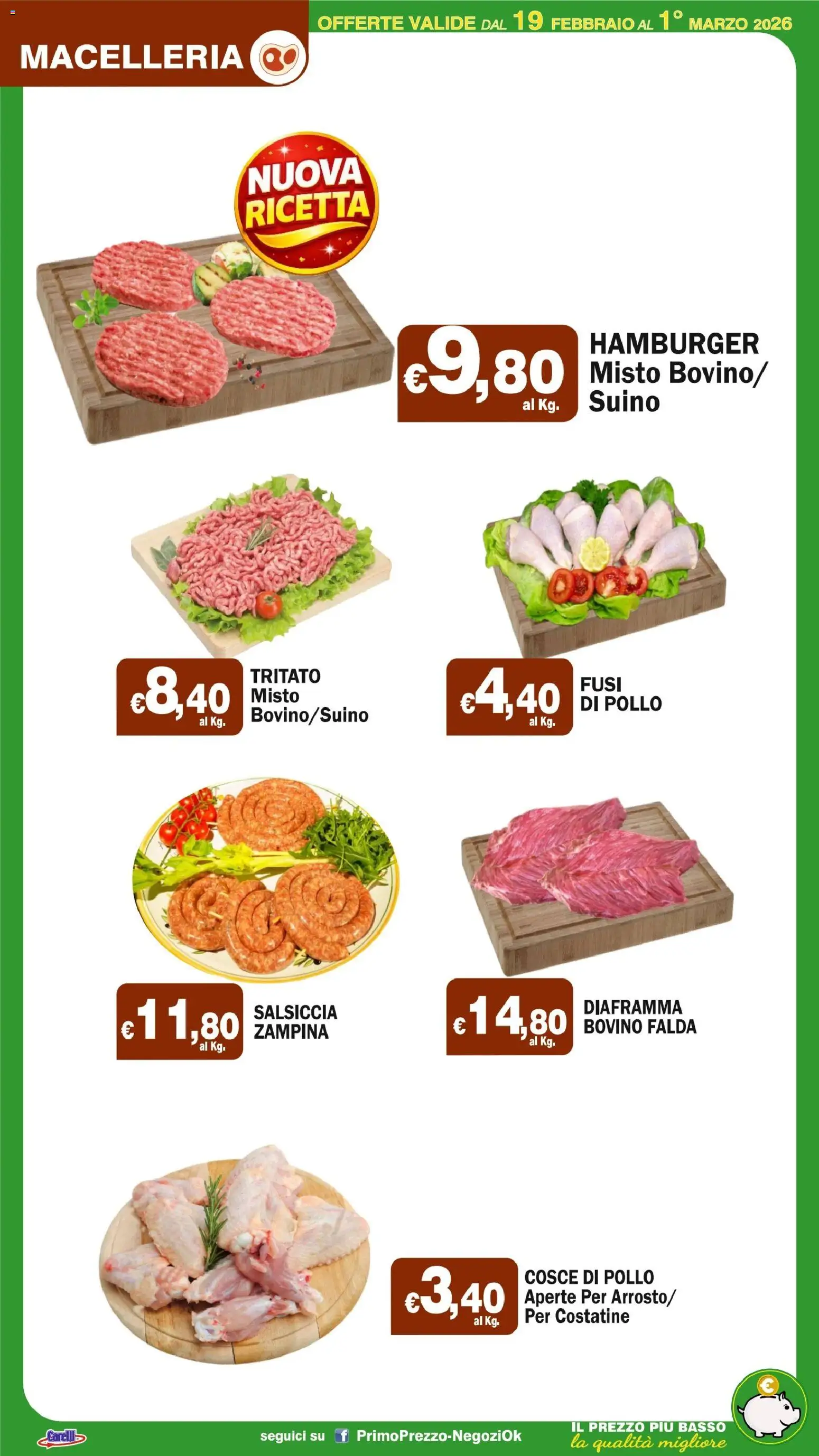 Volantino Primo Prezzo del 19.02.2026 | Pagina: 34 | Prodotti: Bovino, Salsiccia, Hamburger, Cosce di pollo