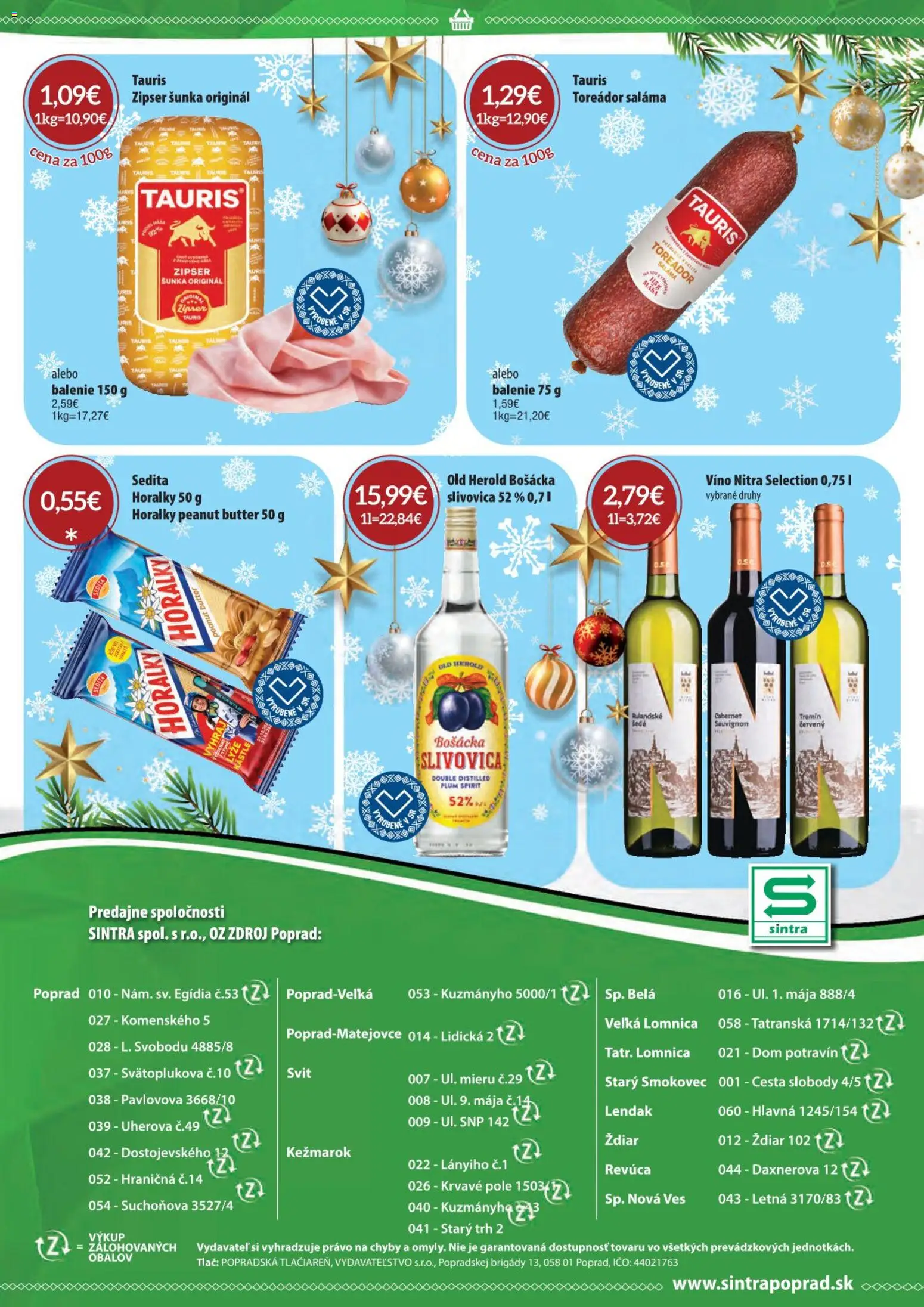 Nové Sintra akcie – leták je platný od 01.12.2025 | Strana: 26 | Produkty: Saláma, Víno, Slivovica, Horálky