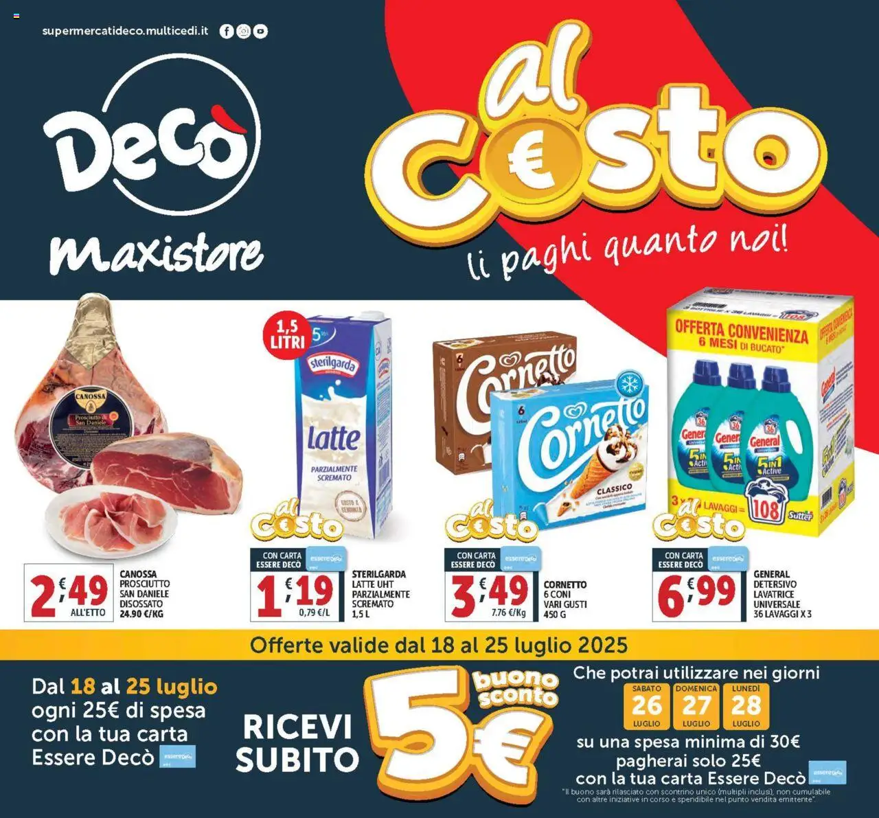 Volantino Decò del 18.07.2025 | Pagina: 1 | Prodotti: Cornetto, Latte, Prosciutto, Lavatrice