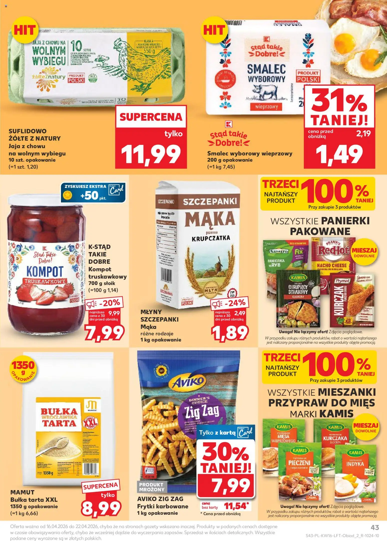 Kaufland gazetka od 16.04.2026 | Strona: 43 | Produkty: Kurczak, Bułka tarta, Frytki karbowane, Frytki