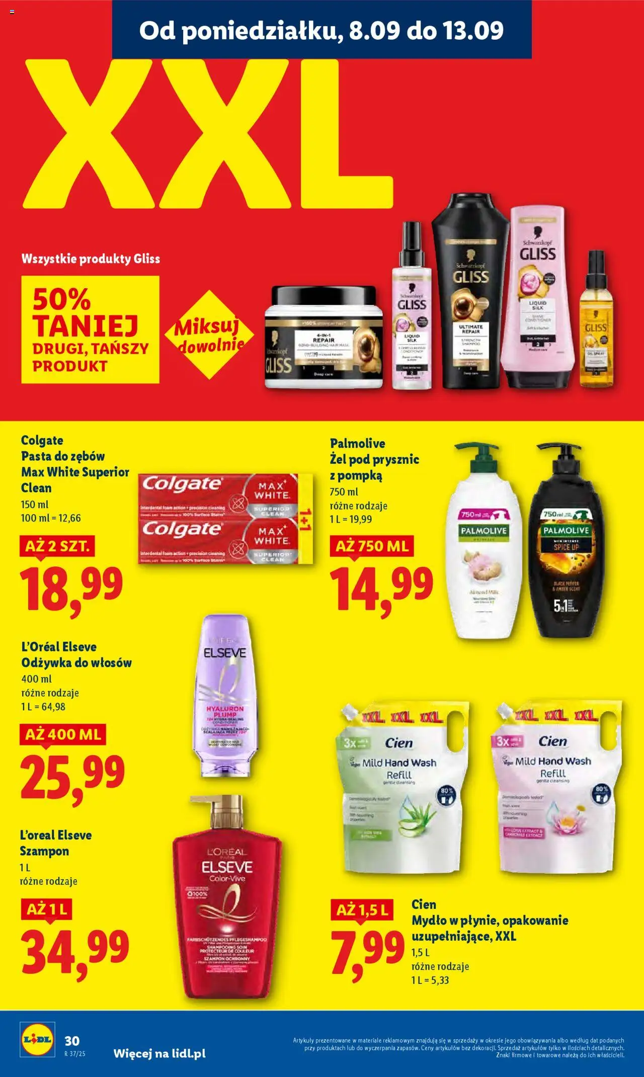Lidl Gazetka od 08.09.2025 | Strona: 32 | Produkty: Odżywka do włosów, Mydło, Żel pod prysznic, Pasta do zębów