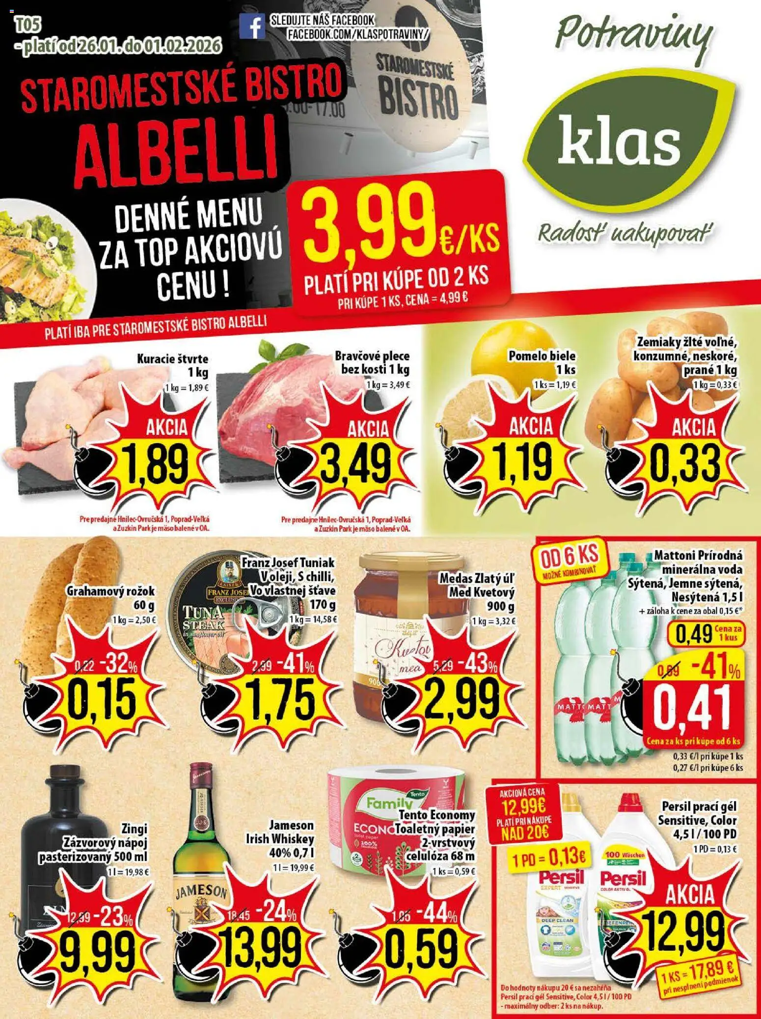 Nové Klas akcie – leták je platný od 26.01.2026 | Strana: 1 | Produkty: Rožok, Persil, Zemiaky, Pomelo