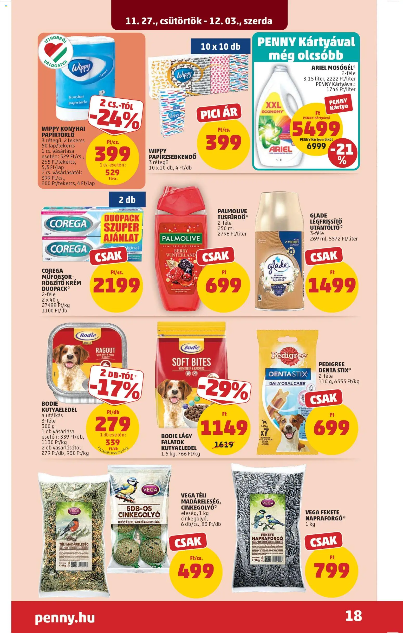 PENNY akciós ujság - amely érvényes a következő dátumtól: 27.11.2025 | Oldal: 22 | Termékek: Ariel, Papírtörlő, Kutyaeledel, Papírzsebkendő