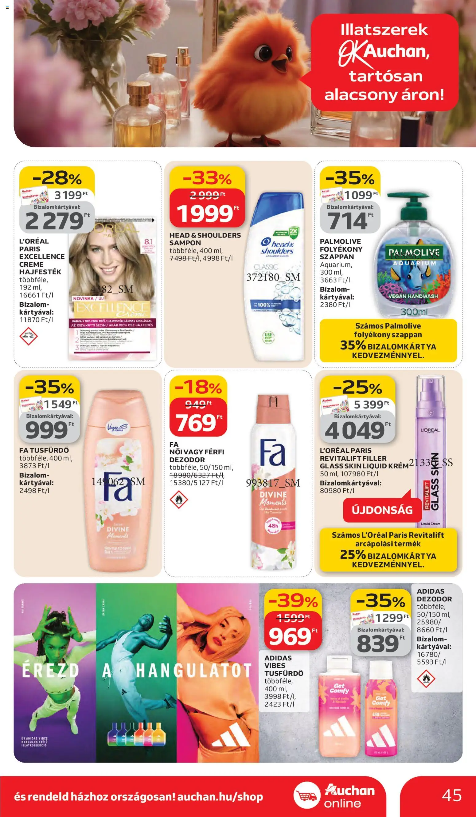 Auchan akciós ujság - amely érvényes a következő dátumtól: 05.03.2026 | Oldal: 45 | Termékek: Folyékony szappan, Hajfesték, Sampon, Dezodor