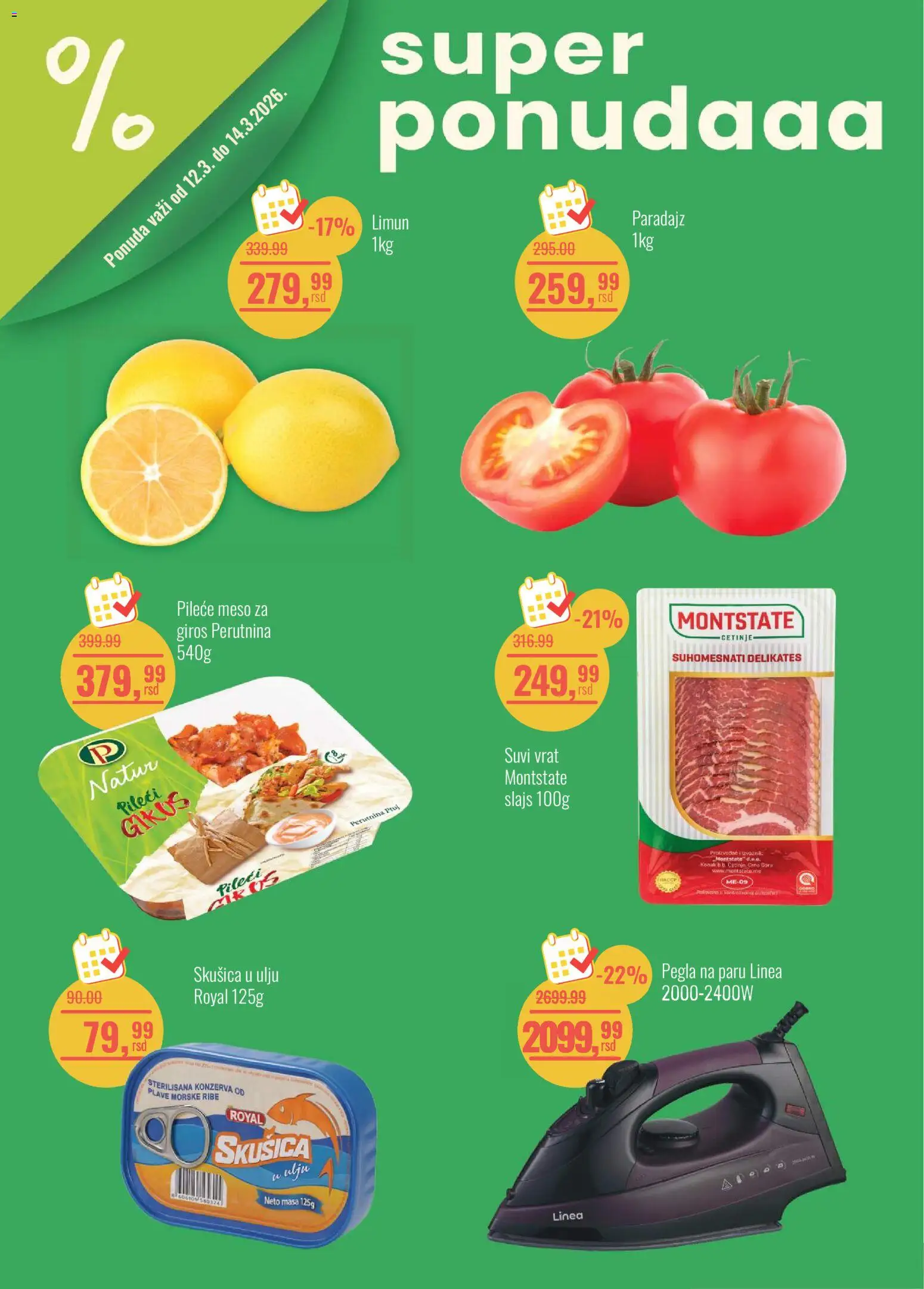 Aroma Market katalog - važi od 12.03.2026 | Strana: 1 | Proizvode: Pileće meso, Suvi vrat, Paradajz, Pegla na paru