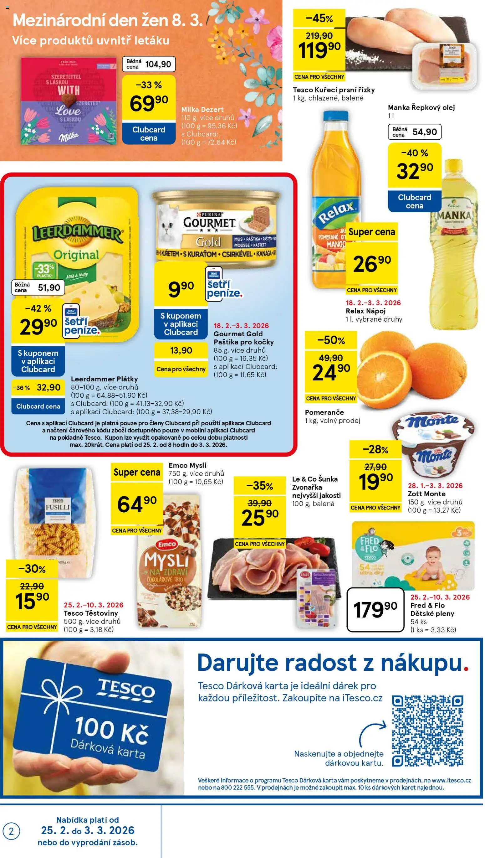 Tesco leták - Hypermarket od 25.02.2026 | Strana: 2 | Produkty: Milka, Gourmet Gold, Kuřecí prsní řízky, Leerdammer