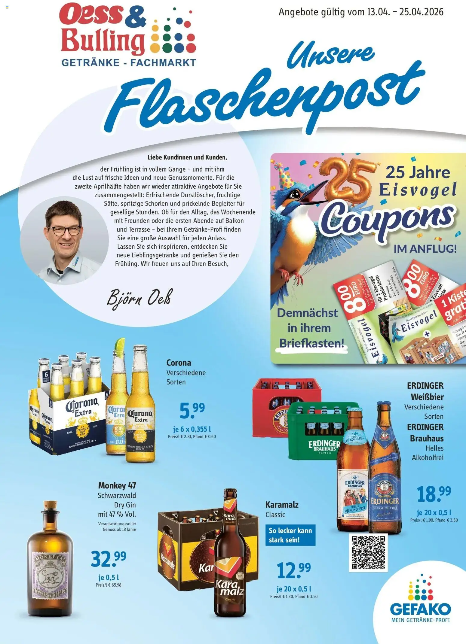 Angebote - Getränke Oess & Bulling: Angebote – gültig ab 12.04.2026 | Seite: 1 | Produkte: Erdinger, Weißbier, Grat, Gin