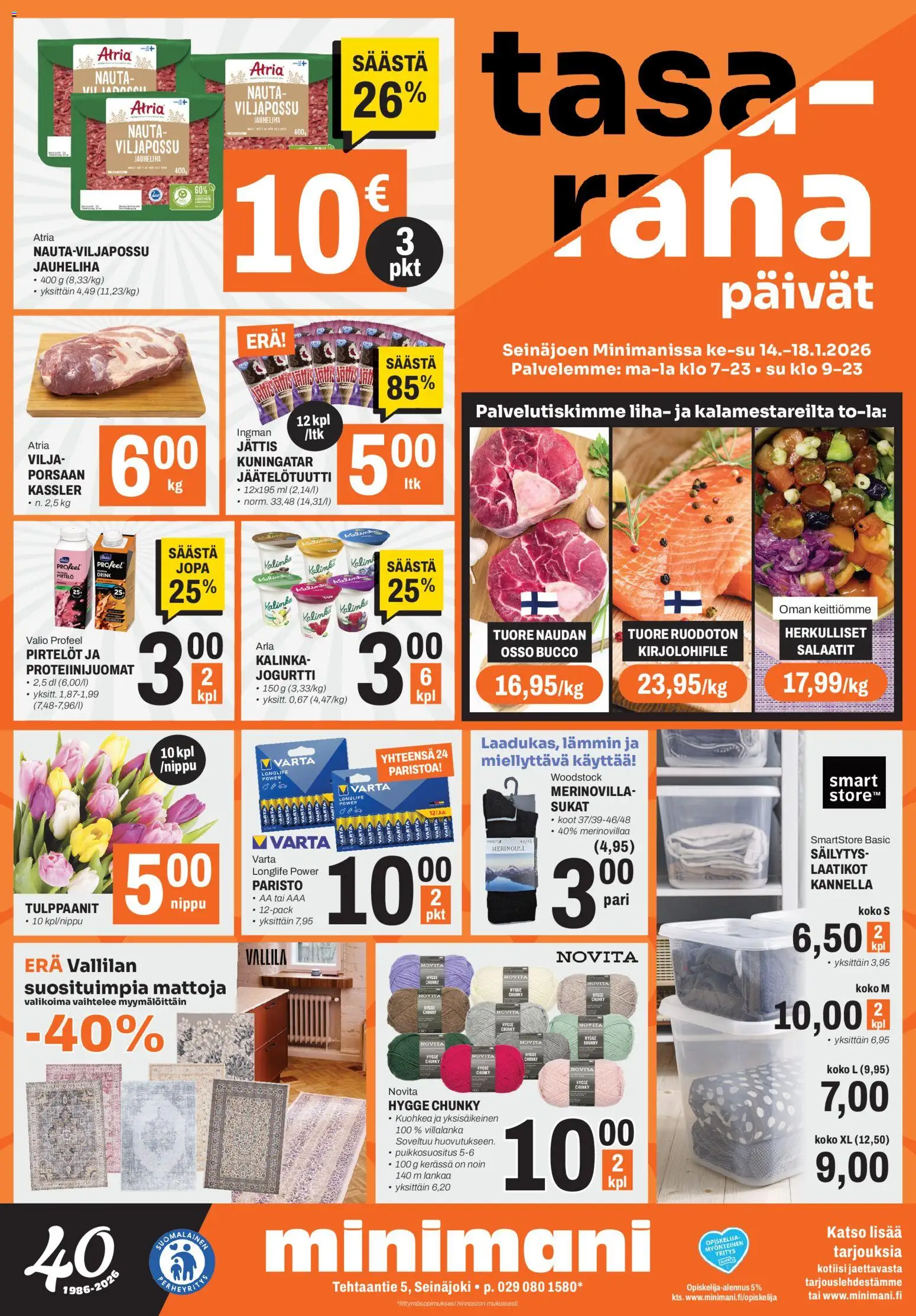 Minimani Tarjoukset - Seinäjoki – voimassa 14.01.2026 alkaen | Sivu: 1 | Tuotteet: Jauheliha, Pirtelö, Sukat, Jogurtti