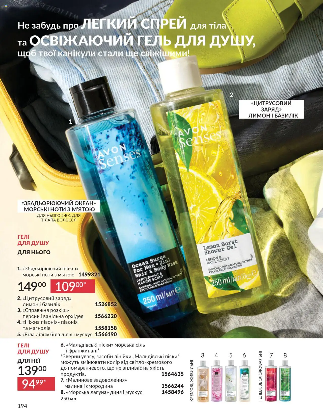 AVON Kаталог - дійснийкції з 01.07.2025 | Сторінка: 194 | Товари: Лимон, Персик, Малина, Спрей для тіла