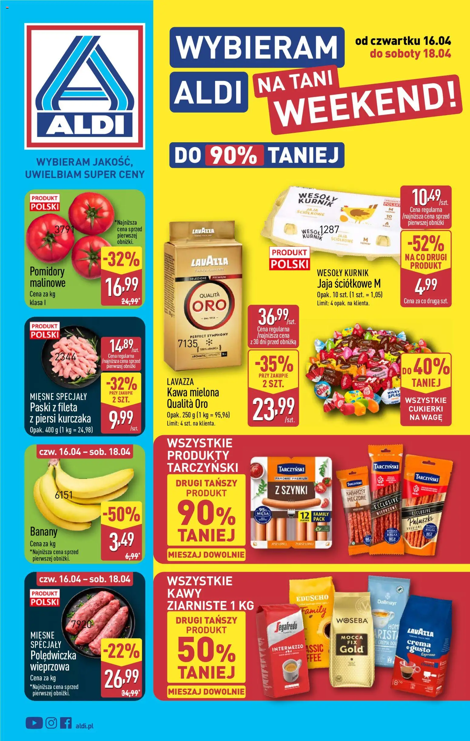 Aldi gazetka - Oferta weekendowa od 16.04.2026 | Strona: 1 | Produkty: Kabanosy, Parówki, Paluszki, Banany