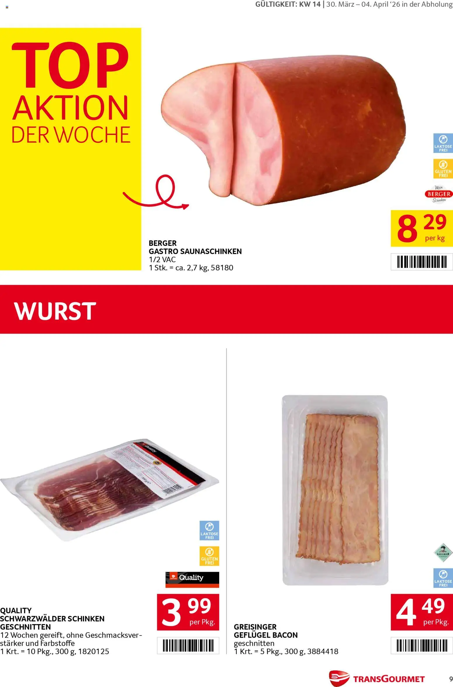 Transgourmet Flugblatt gültig ab 30.03.2026 | Seite: 9 | Produkte: Wurst, Schinken