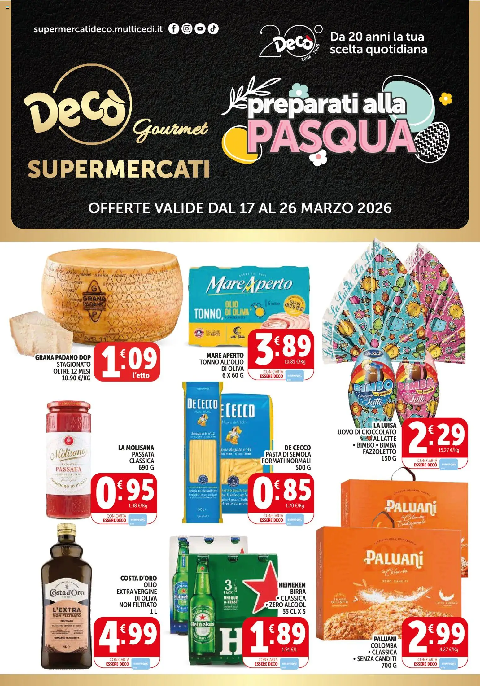 Volantino Decò del 17.03.2026 | Pagina: 1 | Prodotti: Cioccolato, Pasta, Tonno, Grana Padano