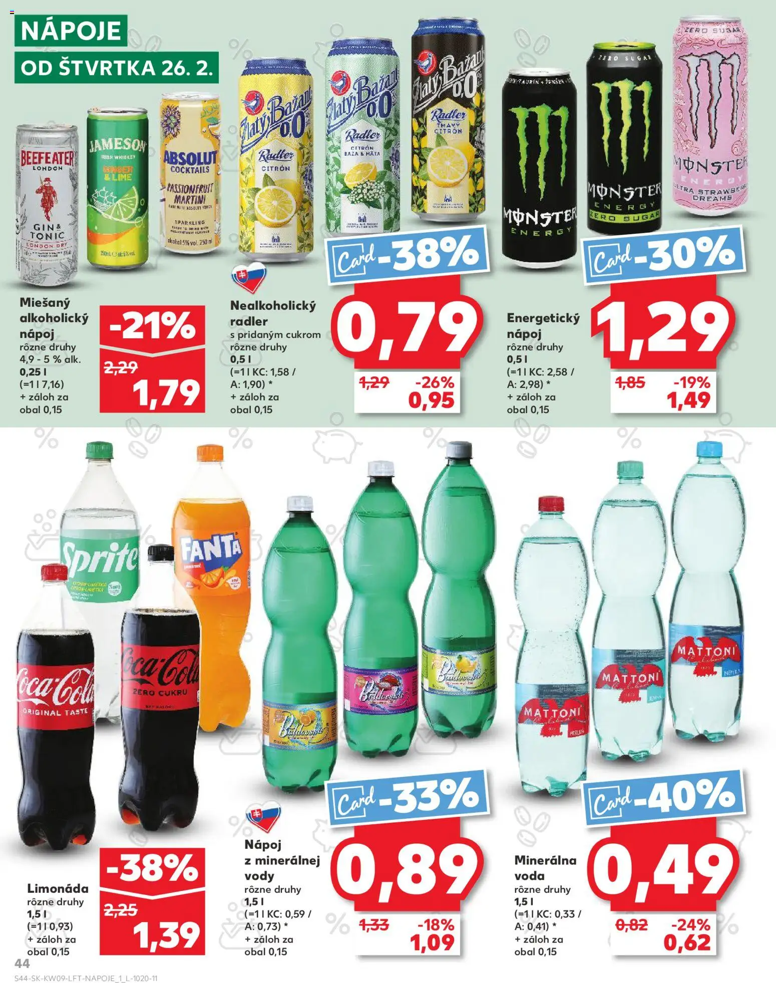 Nové Kaufland akcie – leták je platný od 26.02.2026 | Strana: 44 | Produkty: Radler, Sprite, Gin, Minerálna voda