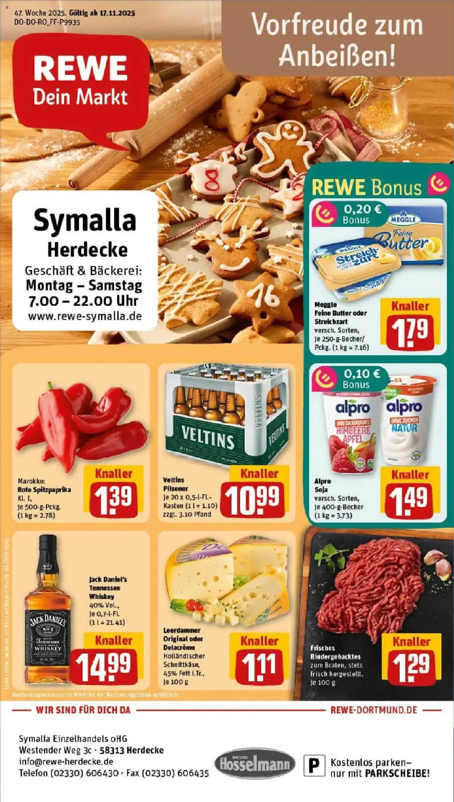 Rewe prospekt Herdecke	 – gültig ab 17.11.2025 | Seite: 1 | Produkte: Bäckerei, Jack Daniel's, Himbeere, Telefon
