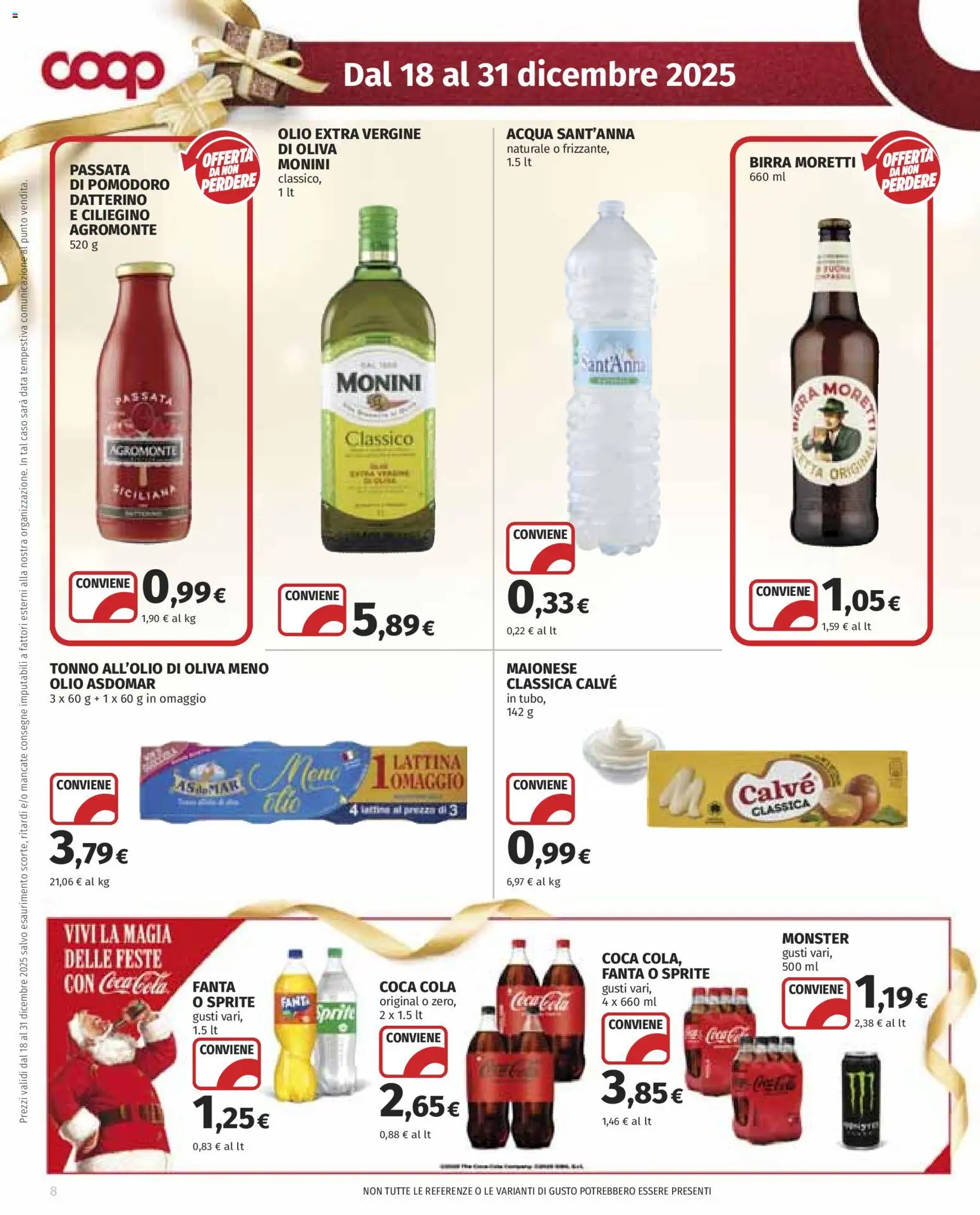 Volantino COOP del 18.12.2025 | Pagina: 8 | Prodotti: Acqua, Birra Moretti, Tonno, Coca Cola