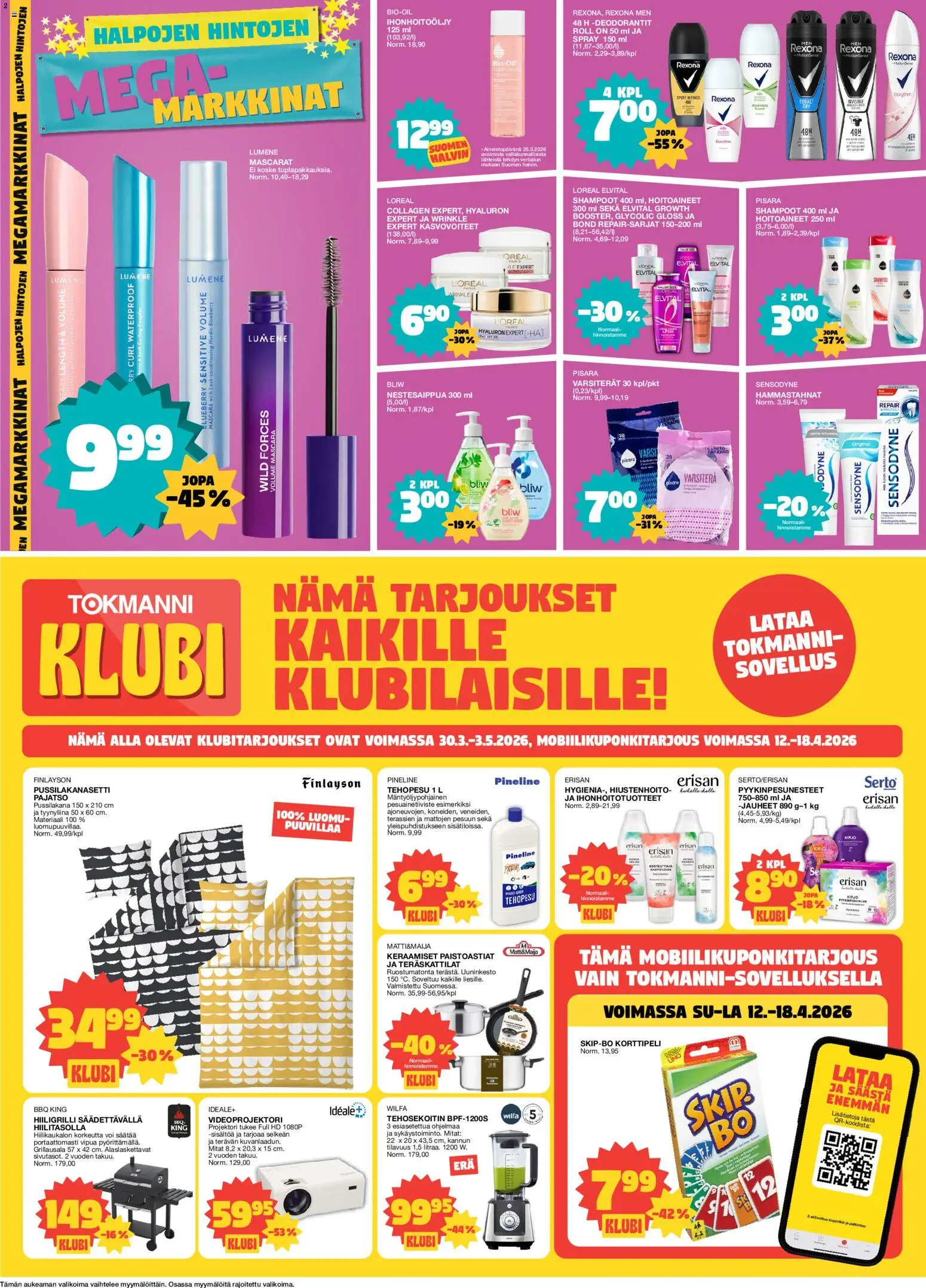 Tokmanni tarjoukset – voimassa 13.04.2026 alkaen | Sivu: 2 | Tuotteet: Pussilakanasetti, Shampoo, Voi, Video
