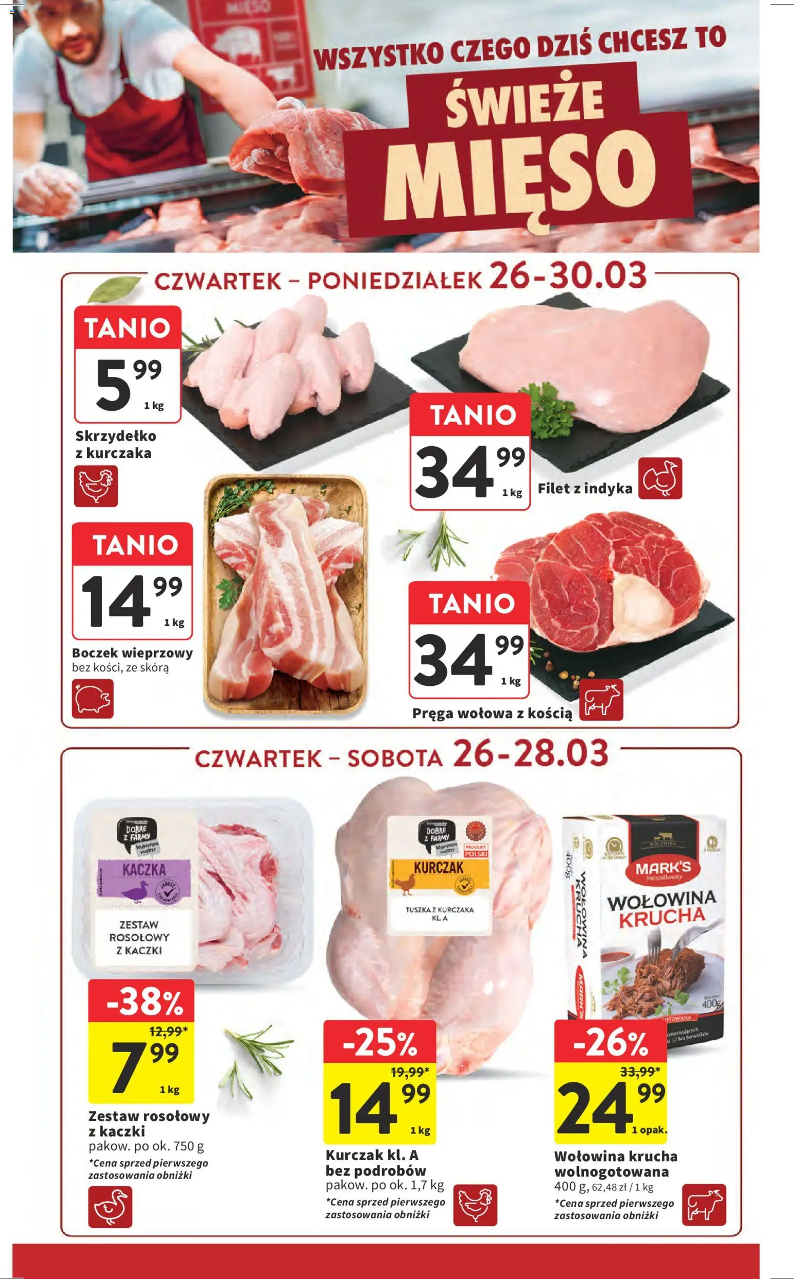 Intermarche gazetka od 26.03.2026 | Strona: 20 | Produkty: Mięso, Boczek wieprzowy, Kaczka, Wołowina
