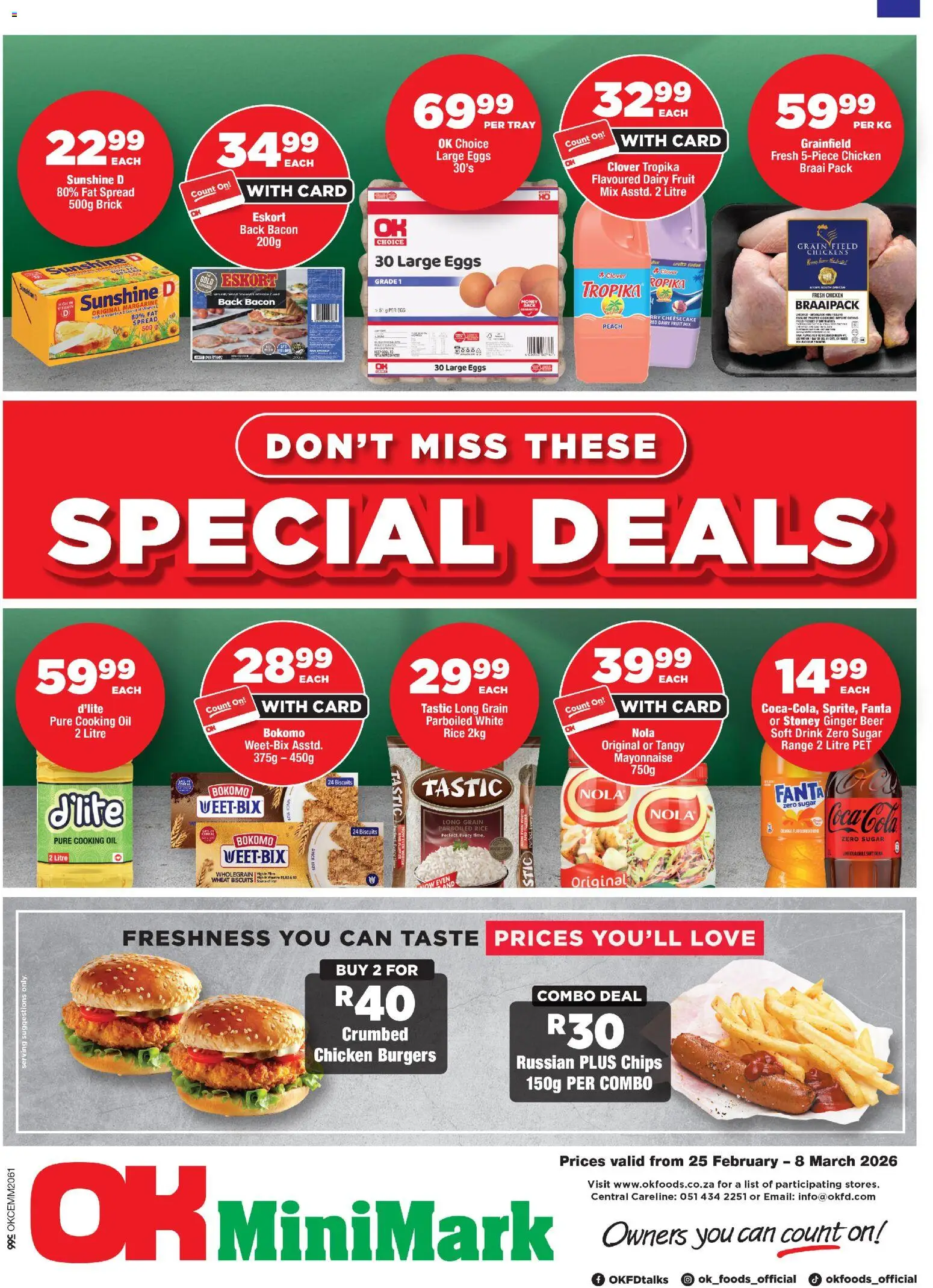 New OK Foods catalogue – valid from 25.02.2026 | Page: 1 | Products: Biscuits, Rice, Burgers, Fat spread