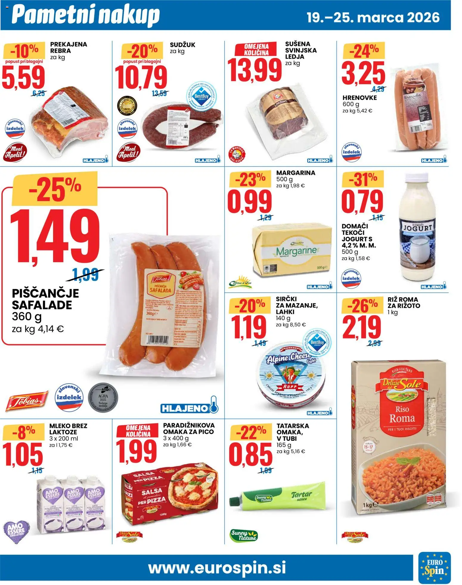 Novi Eurospin katalog ponudbe – veljaven od 19.03.2026 | Stran: 7 | Izdelki: Hrenovke, Mleko, Riz, Omaka