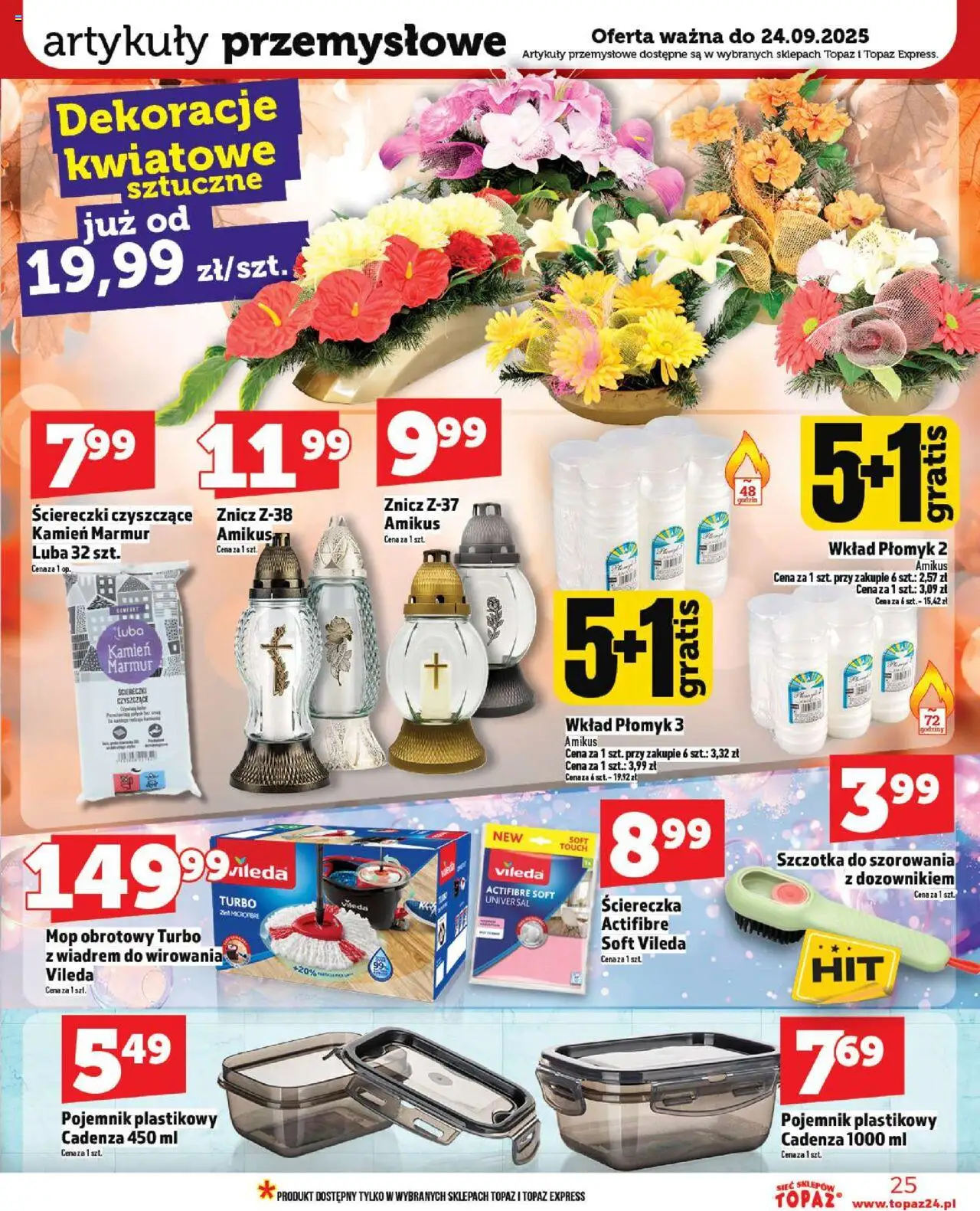 Topaz Gazetka - Ceny małe na stałe od 18.09.2025 | Strona: 25 | Produkty: Artykuły przemysłowe, Szczotka, Mop obrotowy, Vileda