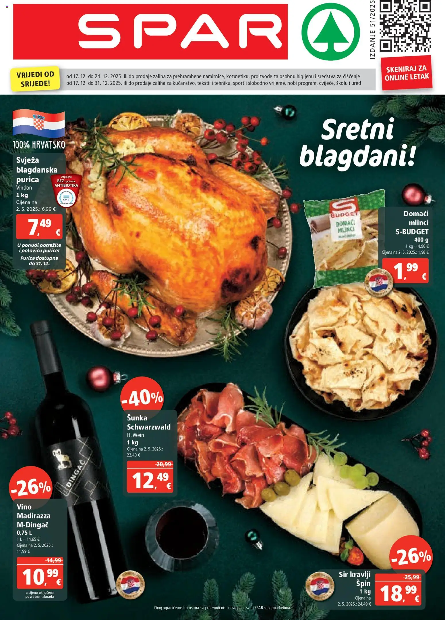 Spar katalog | vrijedi od 17.12.2025 | Stranica: 1 | Proizvodi: Šunka, Vino, Sredstva za čiščenje, Mlinci