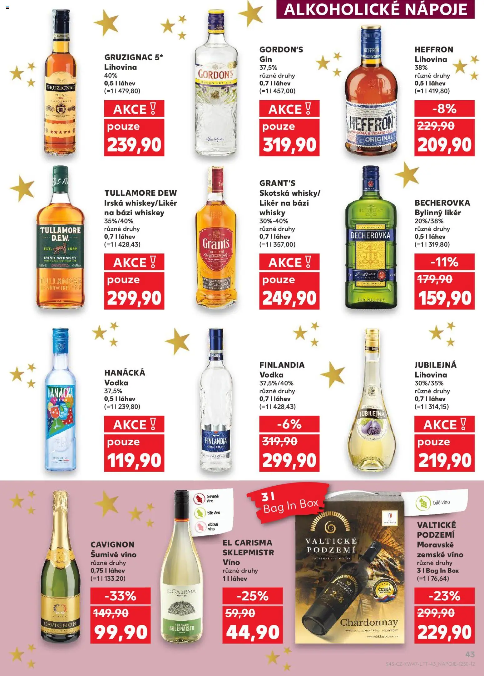 Kaufland leták - Plzeň Bory od 19.11.2025 | Strana: 43 | Produkty: Hanácká vodka, Whisky, Červené víno, Tullamore Dew